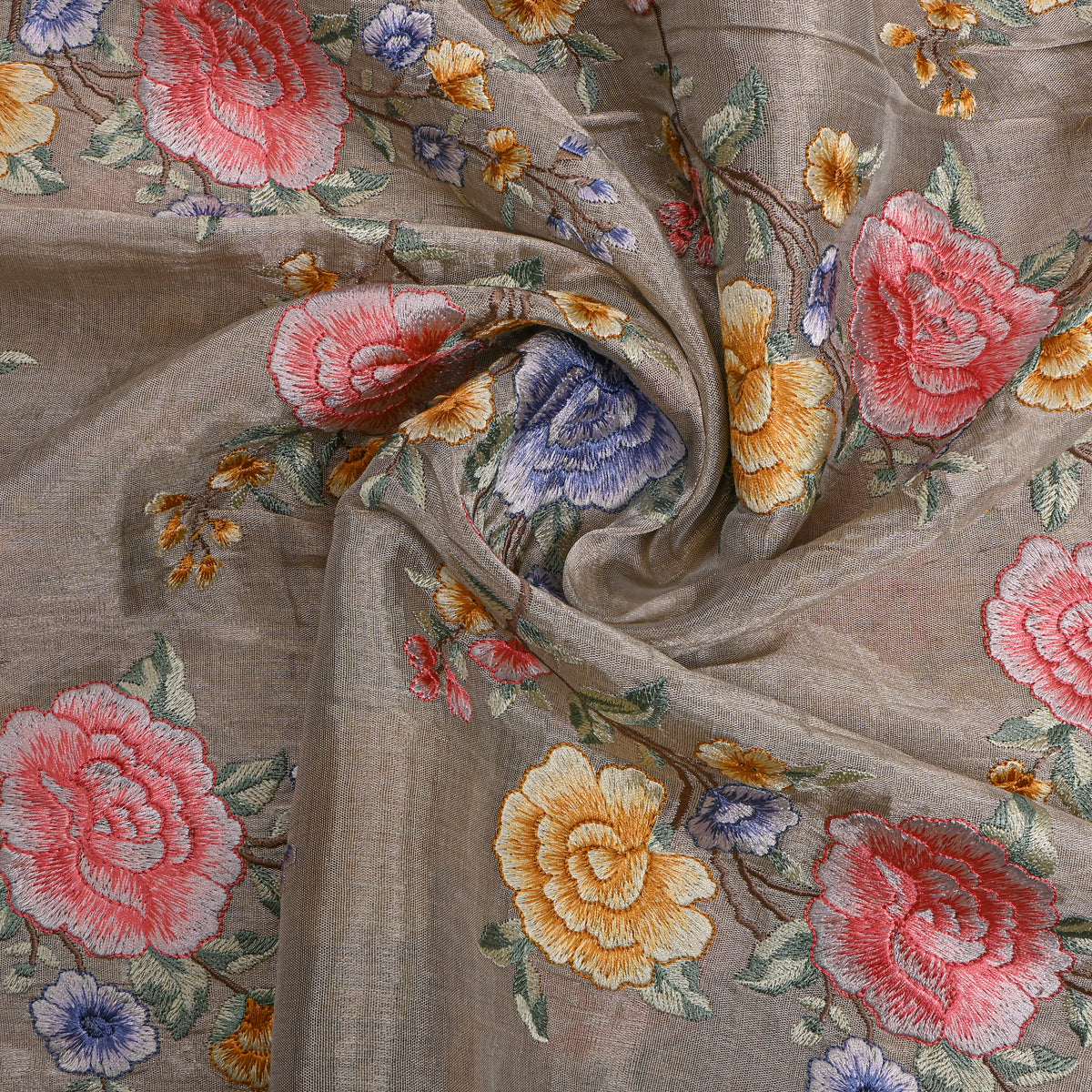 Grey Colourful Floral Jaal Thread Work Tissue Fabric