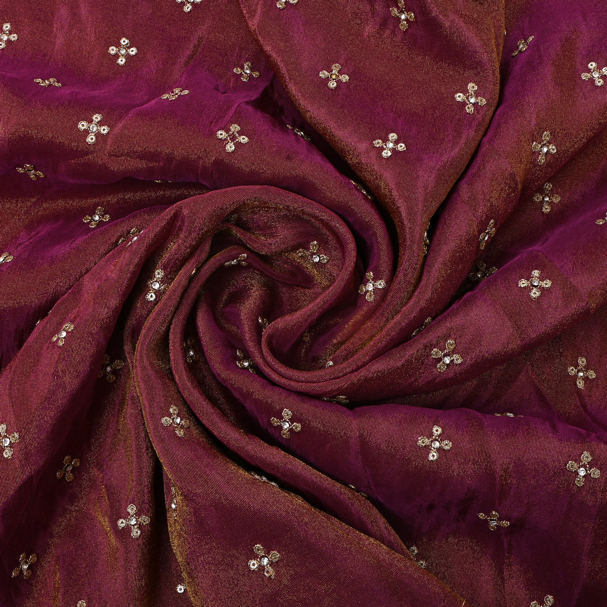 Magenta With Gold Zari Sequin Butti Embroidery Tissue Fabric
