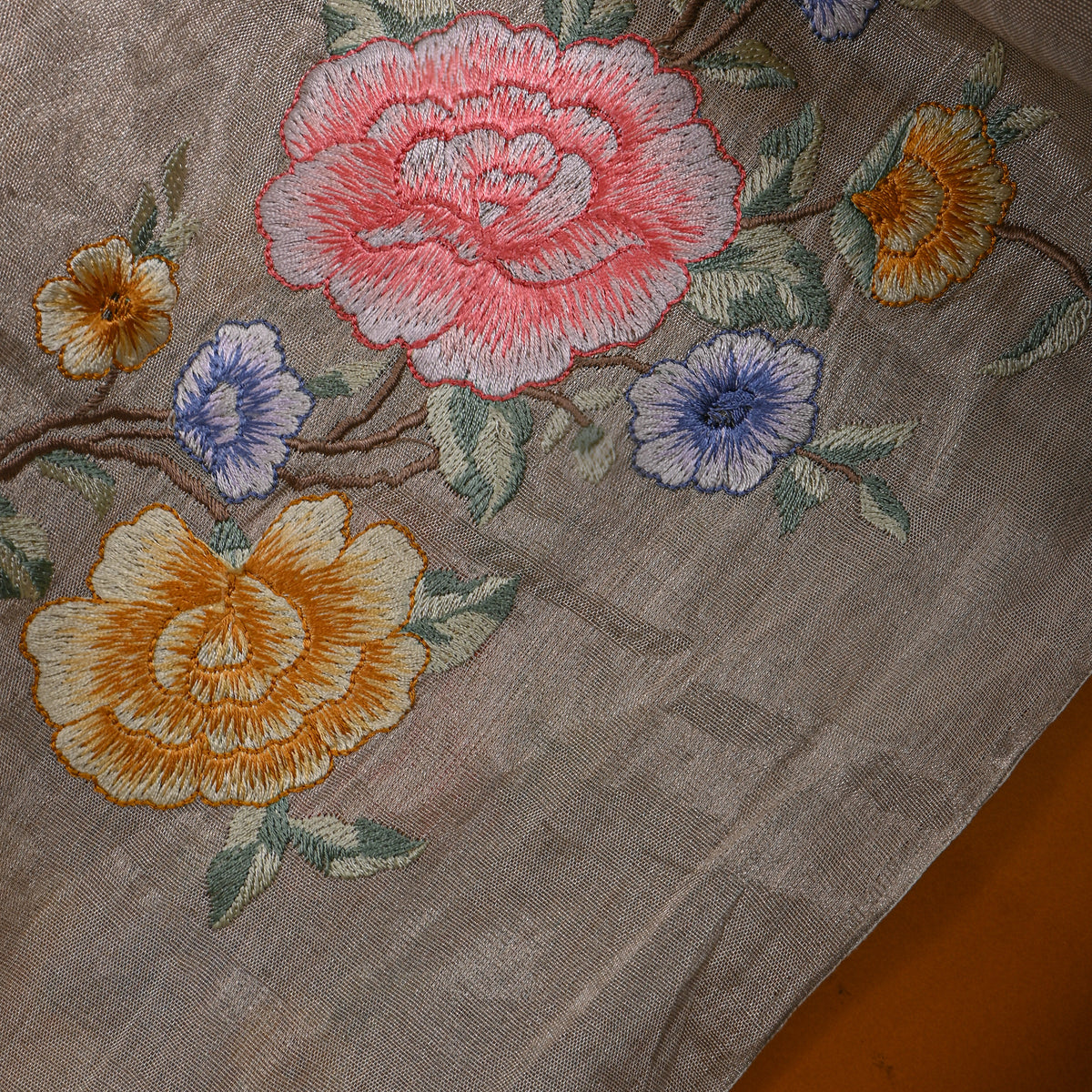 Grey Colourful Floral Jaal Thread Work Tissue Fabric