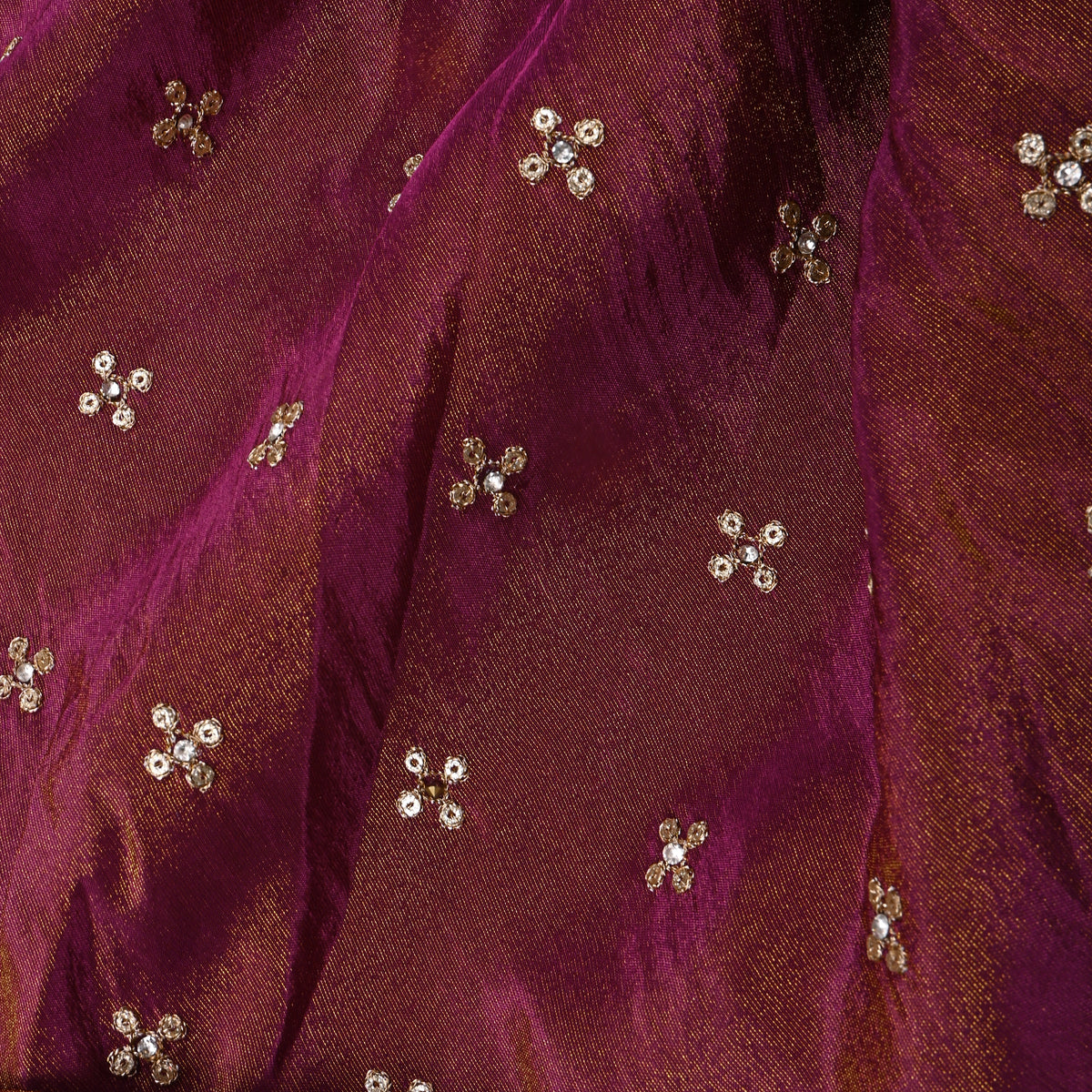 Magenta With Gold Zari Sequin Butti Embroidery Tissue Fabric