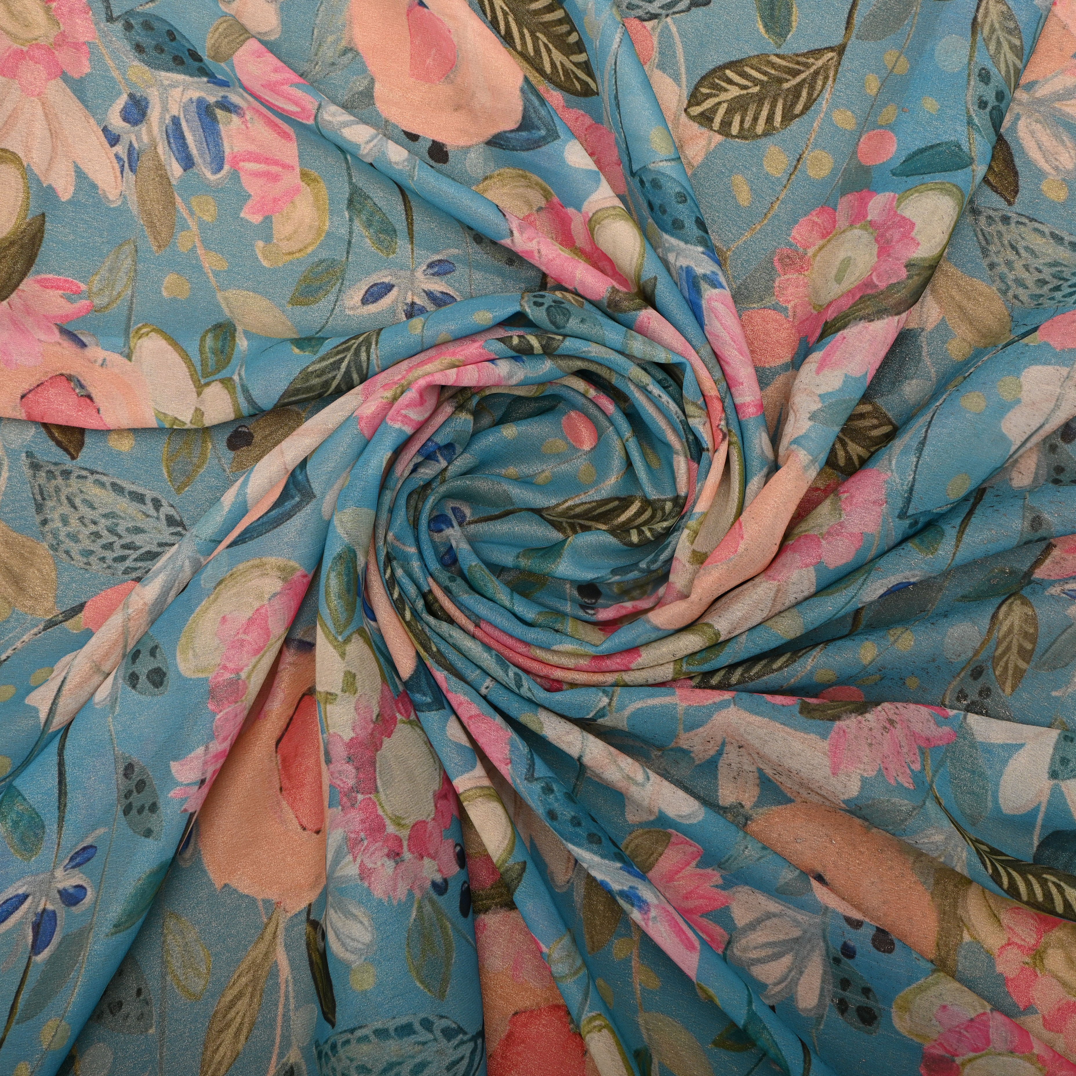 Baby Blue Tissue Fabric With Floral Prints