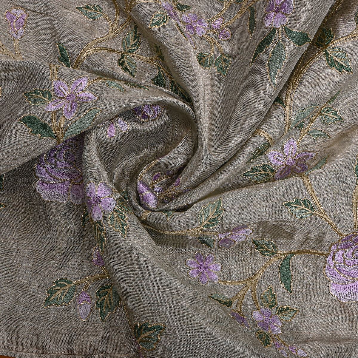 Grey Gold Lilac Floral Jaal Thread Work Tissue Fabric