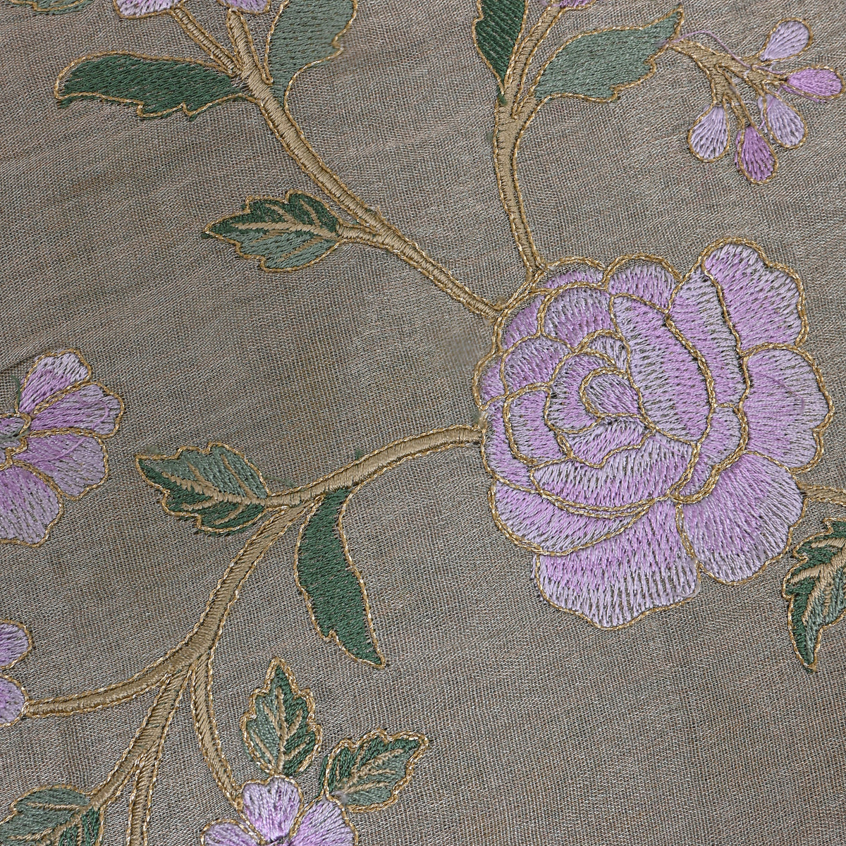 Grey Gold Lilac Floral Jaal Thread Work Tissue Fabric