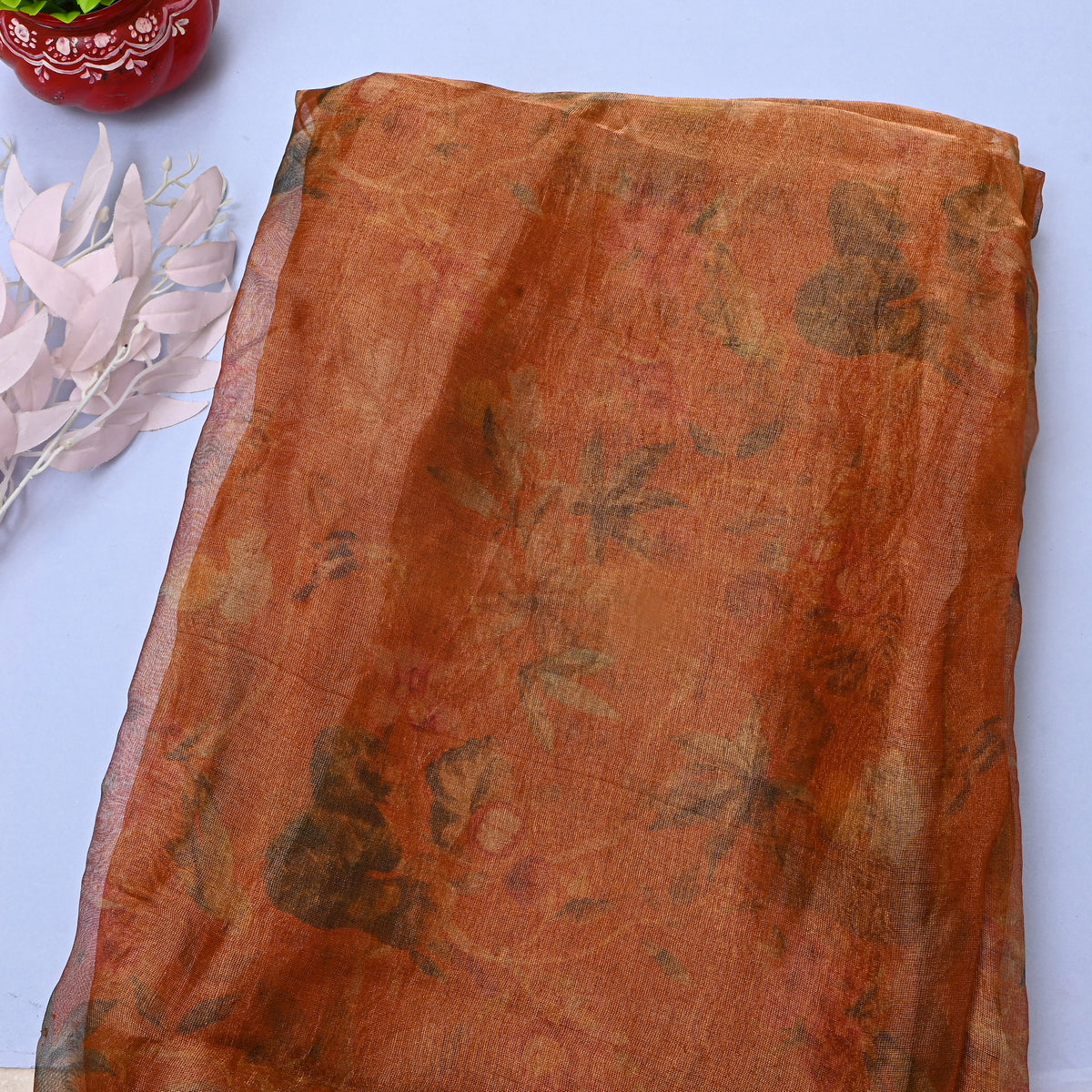 Amber Brown Floral Print Organza Tissue Fabric