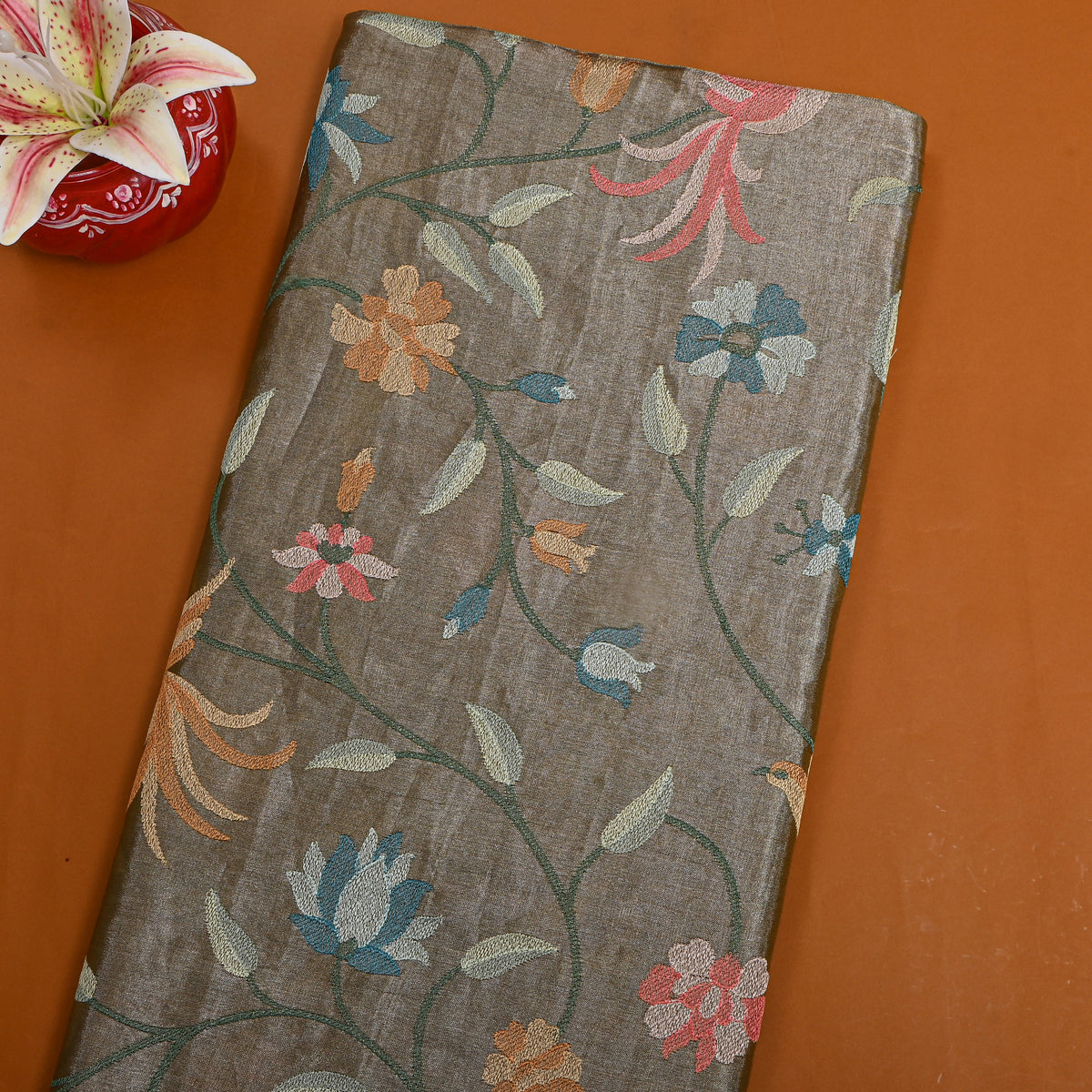 Grey Tissue Fabric With Bird And Floral Jaal