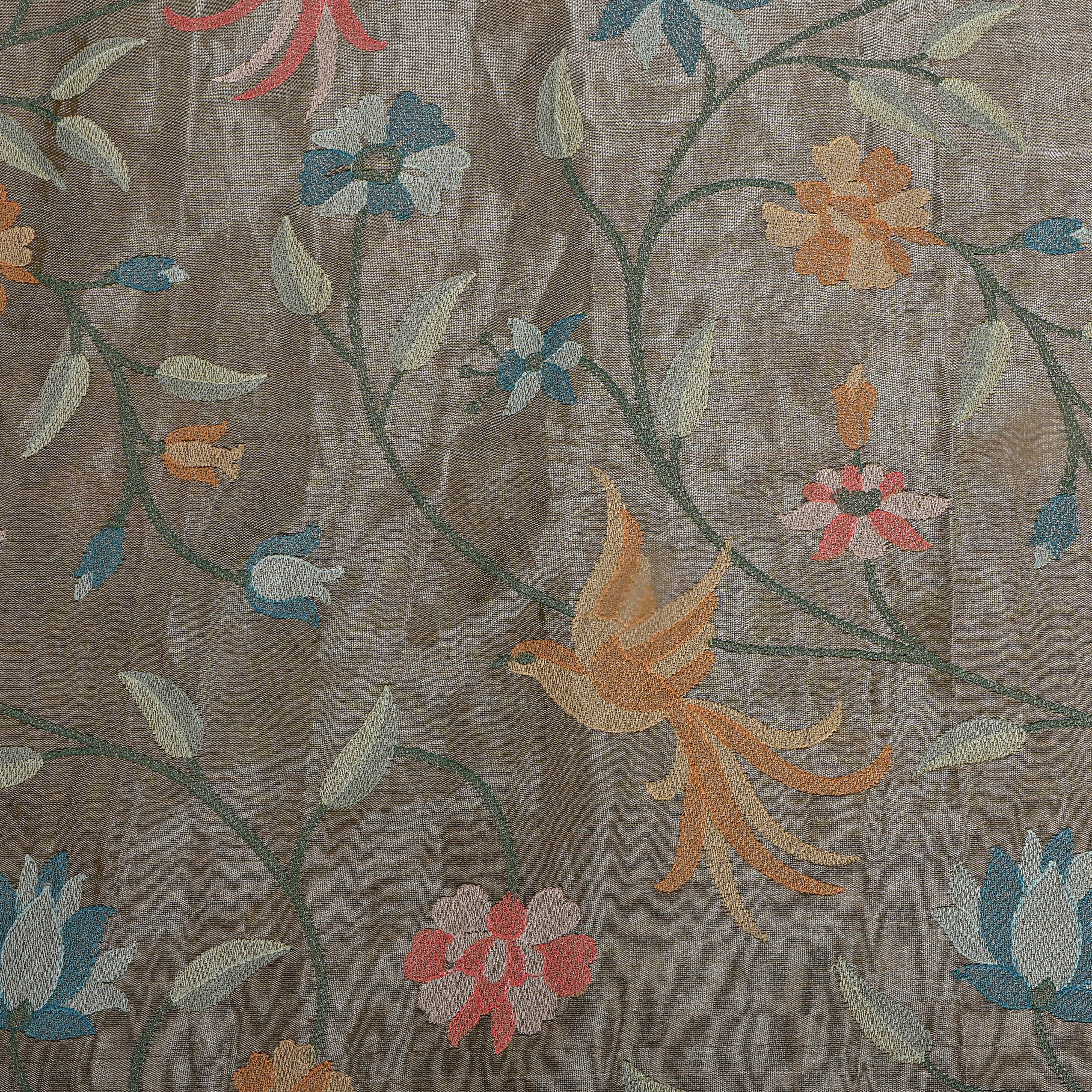 Grey Tissue Fabric With Bird And Floral Jaal