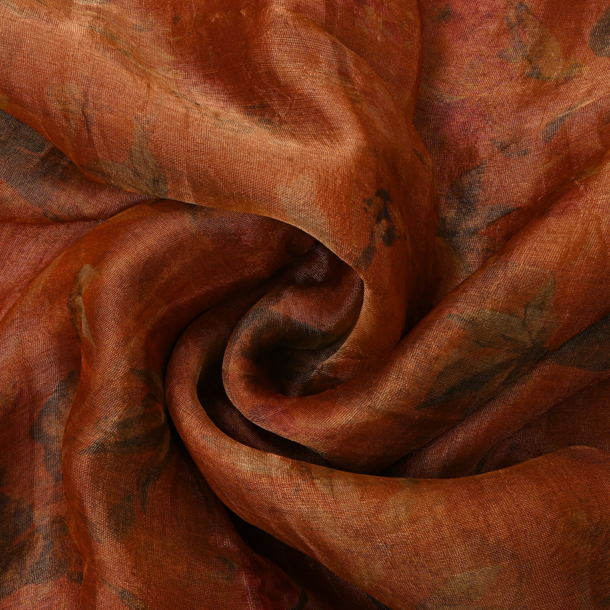 Amber Brown Floral Print Organza Tissue Fabric