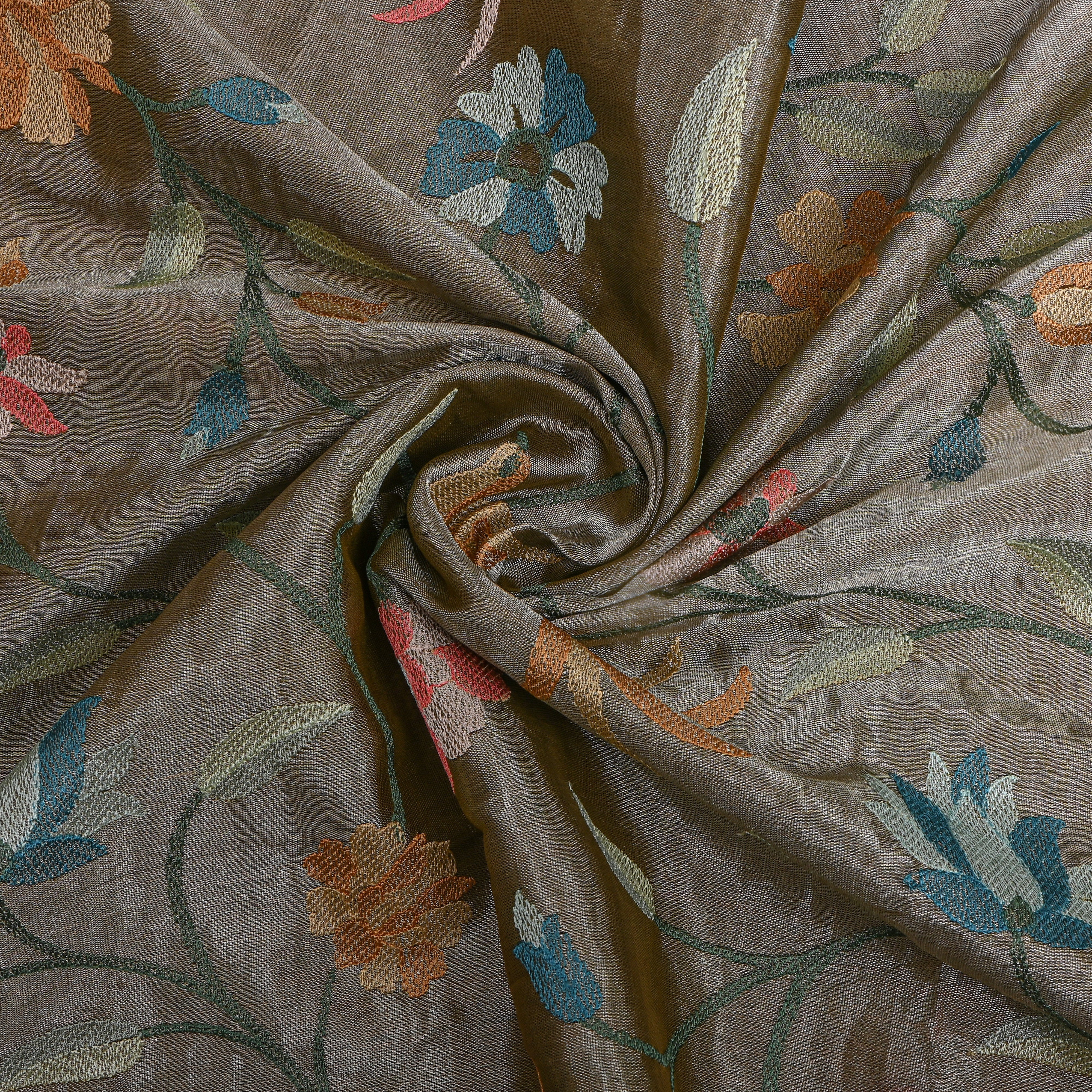 Grey Tissue Fabric With Bird And Floral Jaal