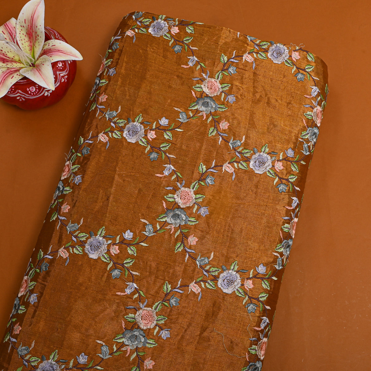 Rust Metallic Grey Floral Thread Work Tissue Fabric