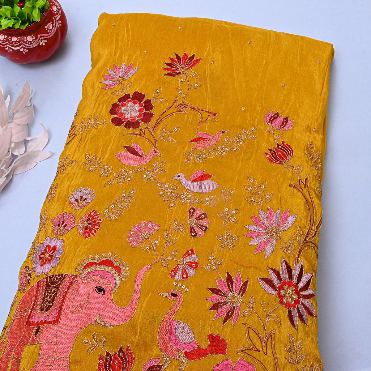 Yellow Gold Floral Bird Embroidery Tissue Fabric