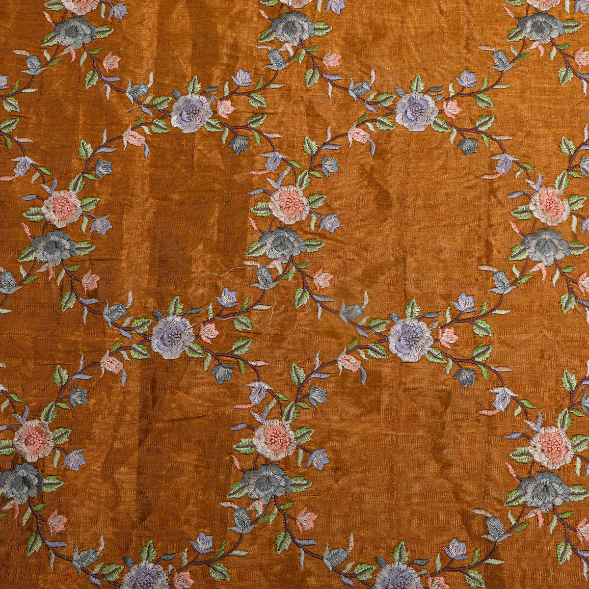 Rust Metallic Grey Floral Thread Work Tissue Fabric