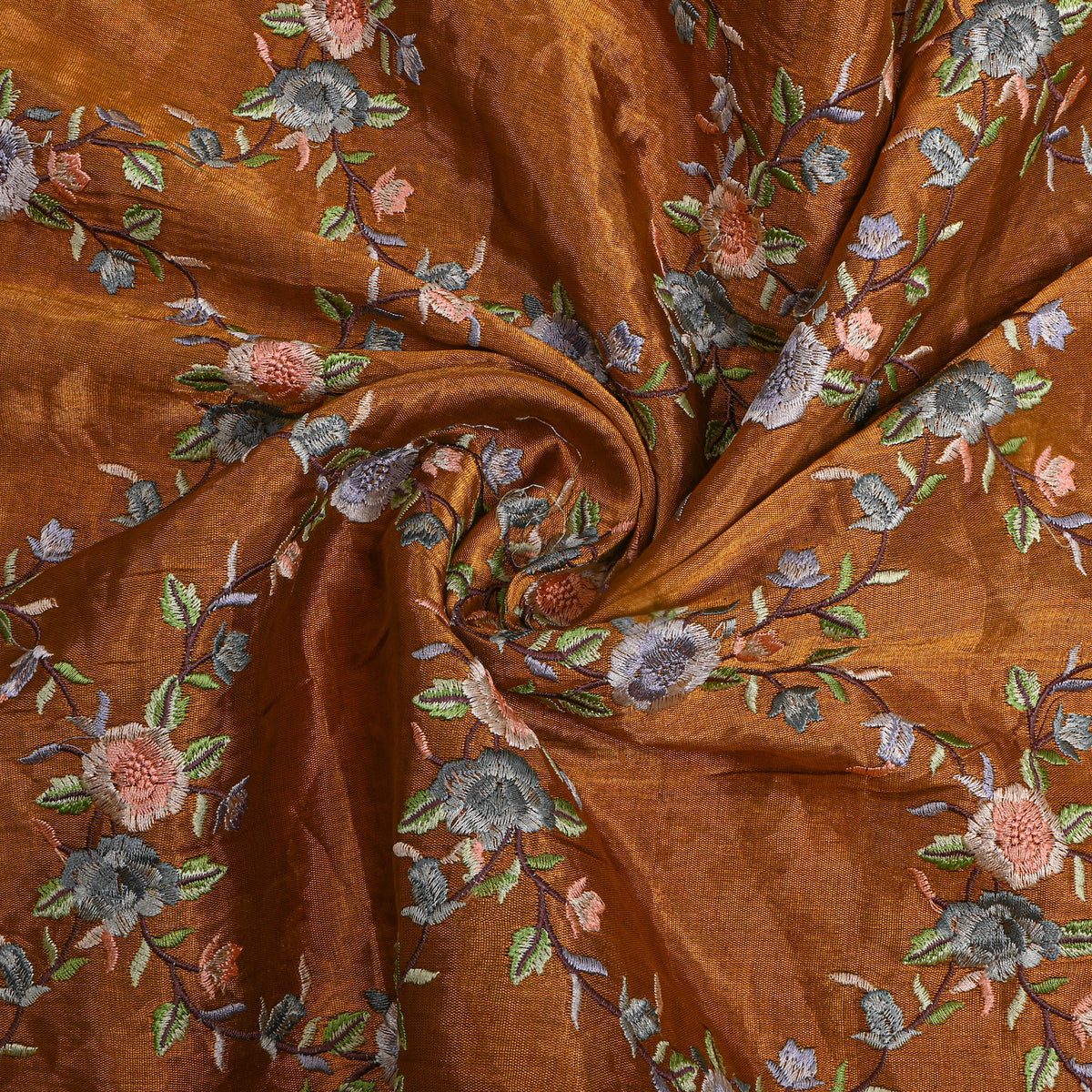 Rust Metallic Grey Floral Thread Work Tissue Fabric