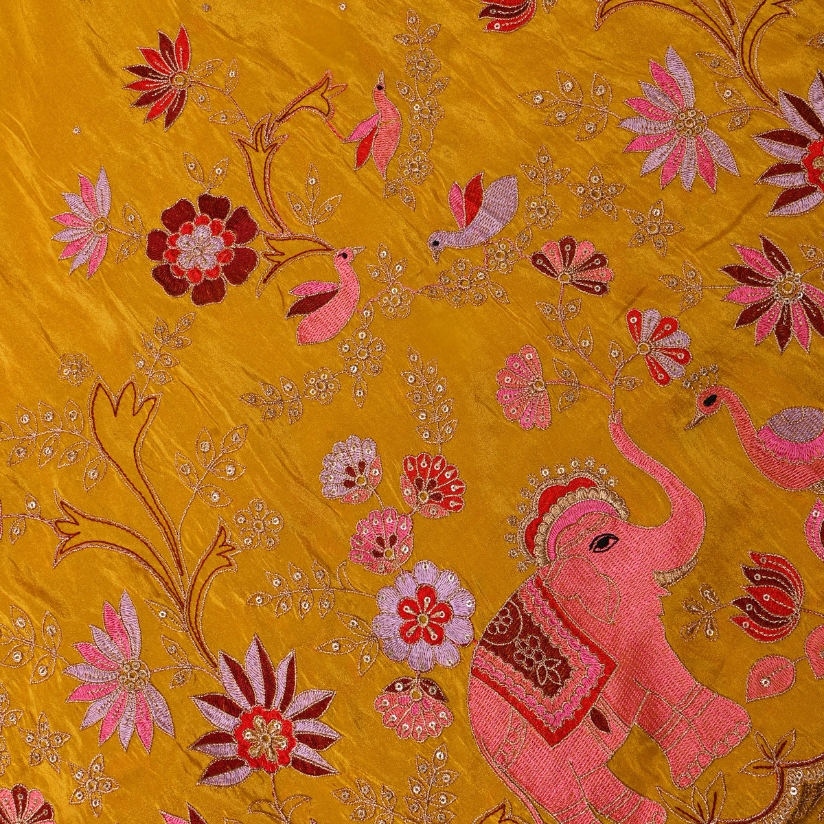 Yellow Gold Floral Bird Embroidery Tissue Fabric