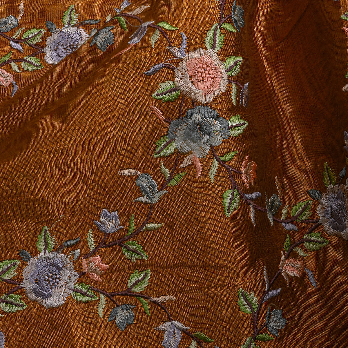 Rust Metallic Grey Floral Thread Work Tissue Fabric