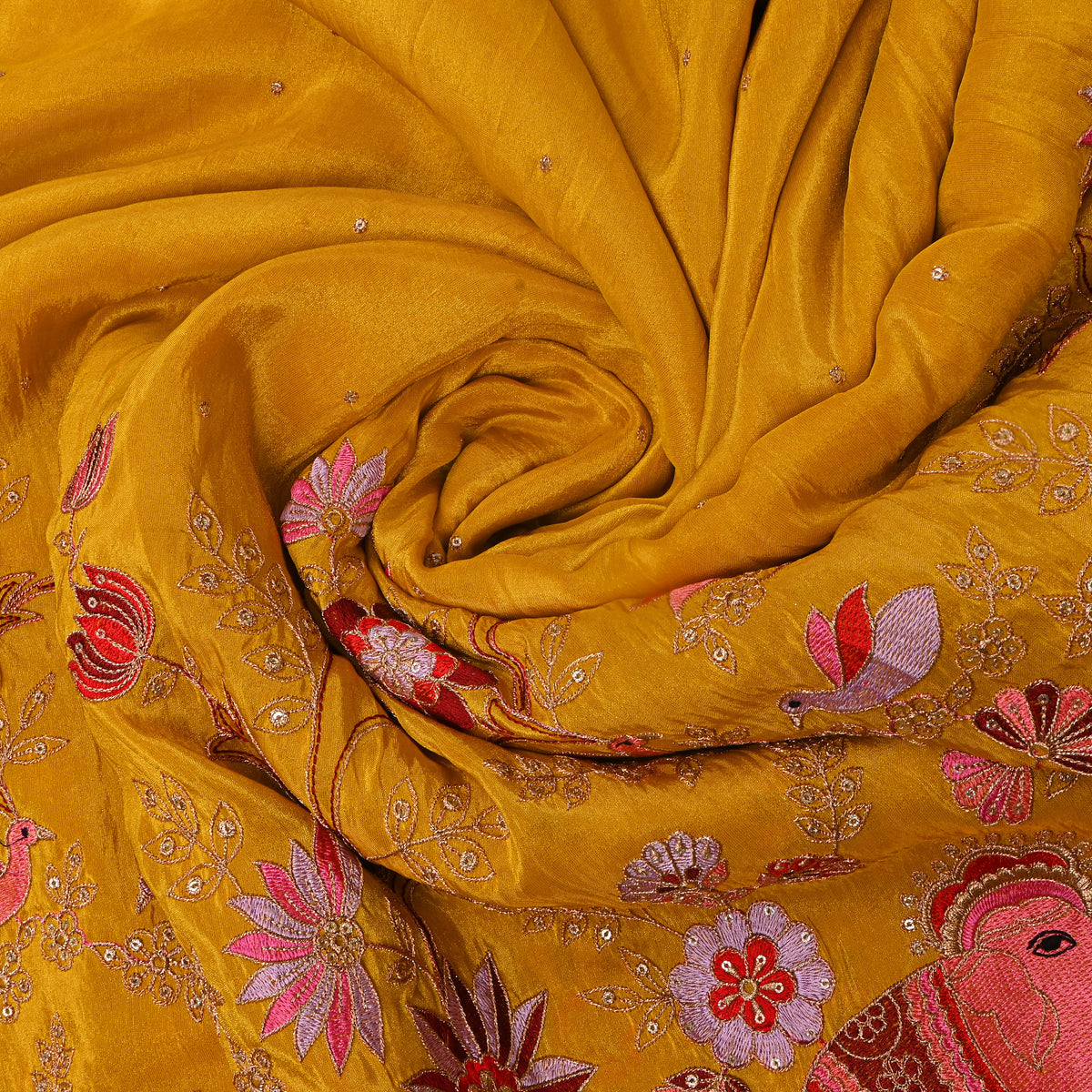 Yellow Gold Floral Bird Embroidery Tissue Fabric
