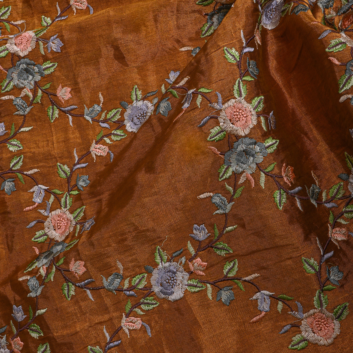Rust Metallic Grey Floral Thread Work Tissue Fabric