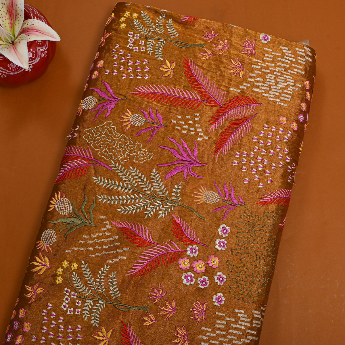 Rust Copper Orange With Colourful Floral Thread Work Tissue Fabric
