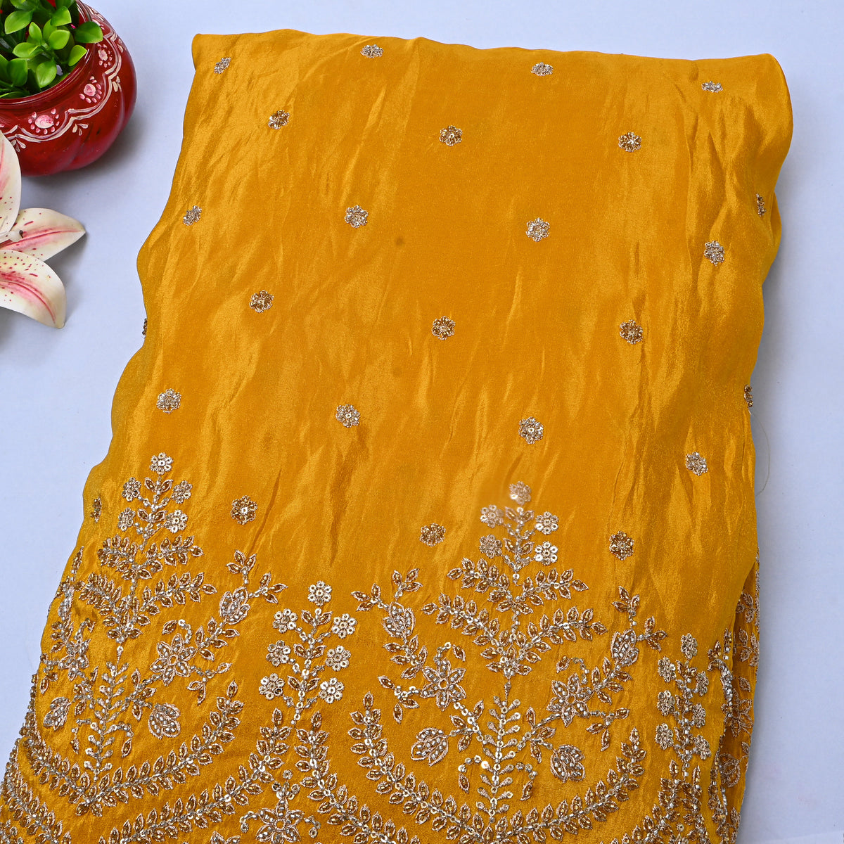 Bright Yellow Gold Butti Floral Embroidery Tissue Fabric