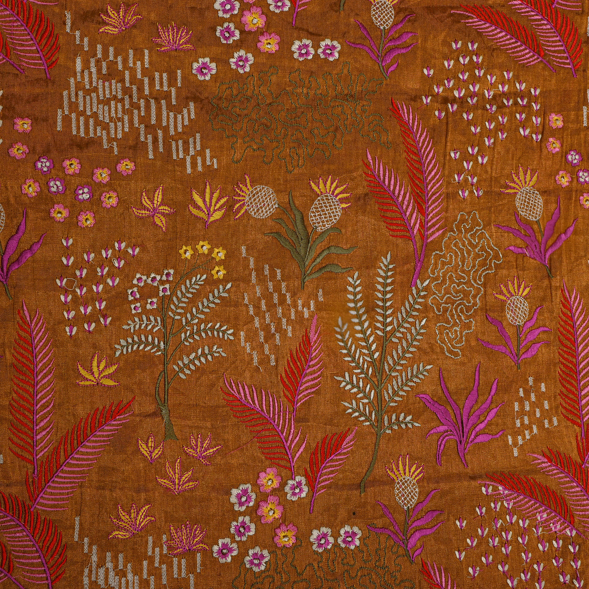 Rust Copper Orange With Colourful Floral Thread Work Tissue Fabric