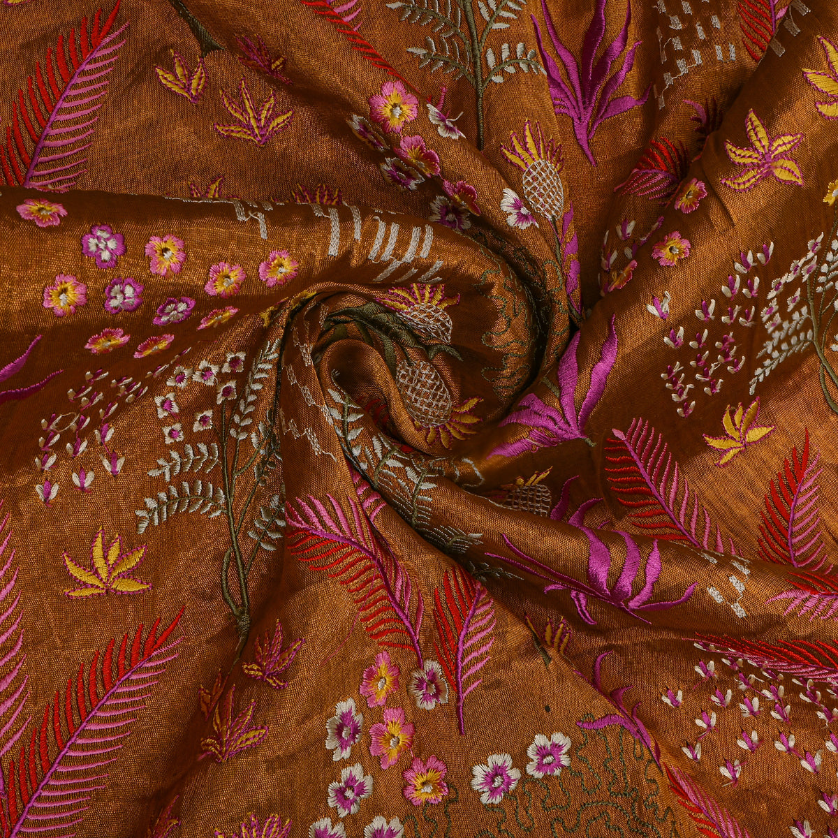 Rust Copper Orange With Colourful Floral Thread Work Tissue Fabric