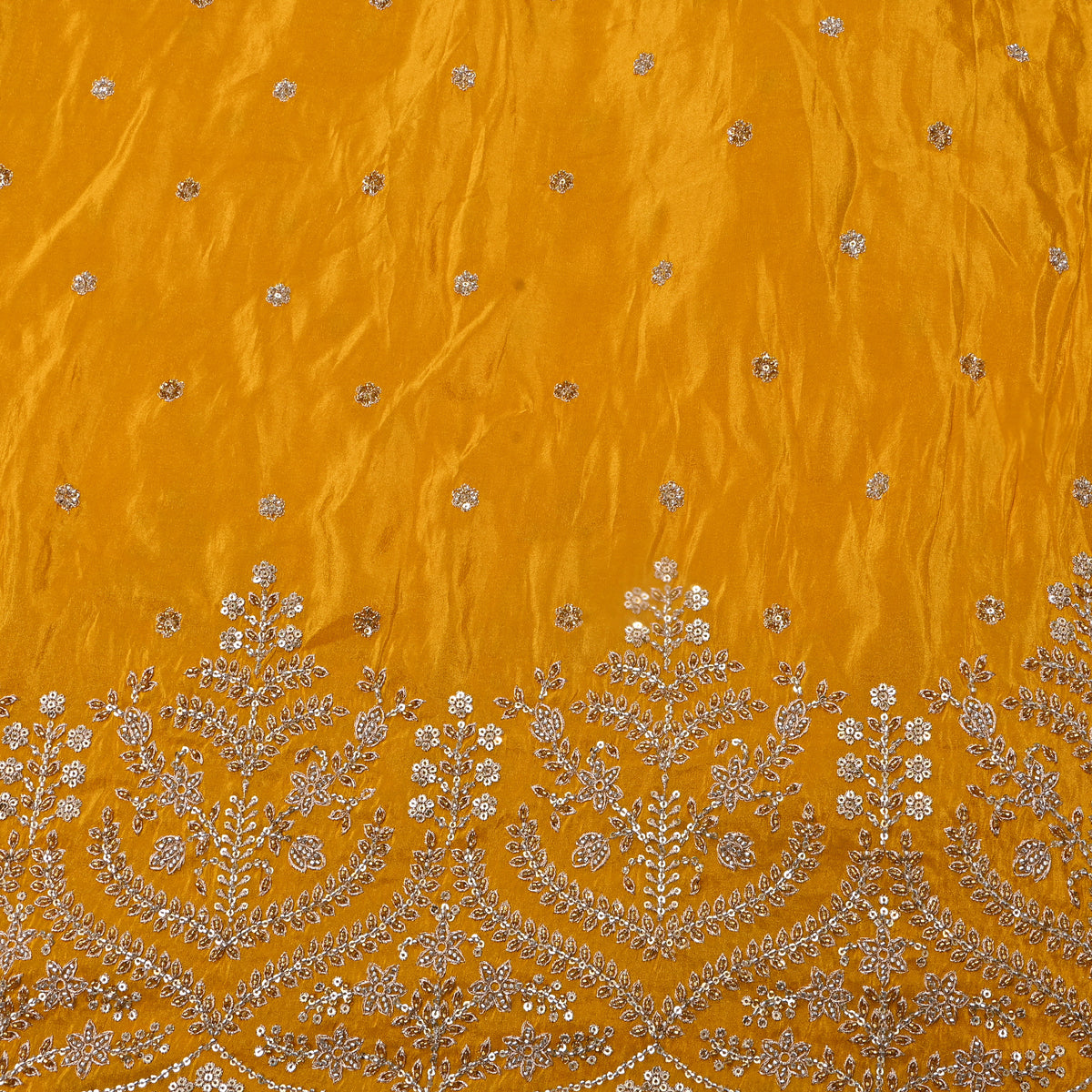 Bright Yellow Gold Butti Floral Embroidery Tissue Fabric