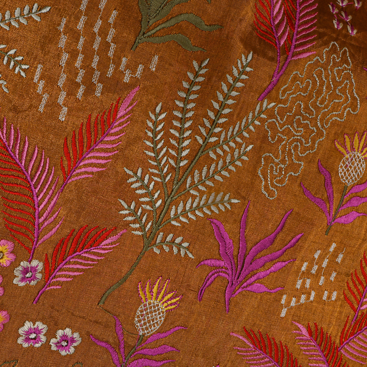 Rust Copper Orange With Colourful Floral Thread Work Tissue Fabric