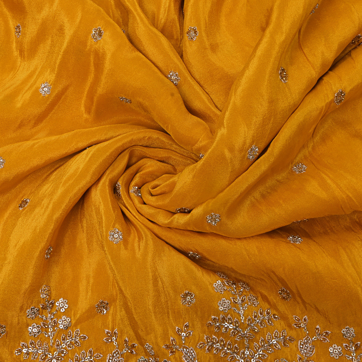 Bright Yellow Gold Butti Floral Embroidery Tissue Fabric