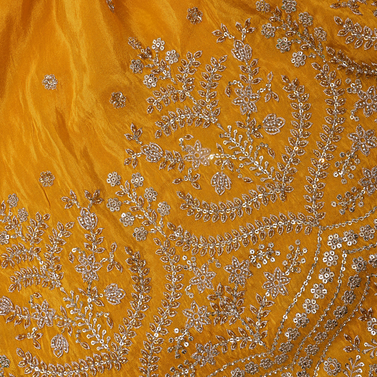 Bright Yellow Gold Butti Floral Embroidery Tissue Fabric