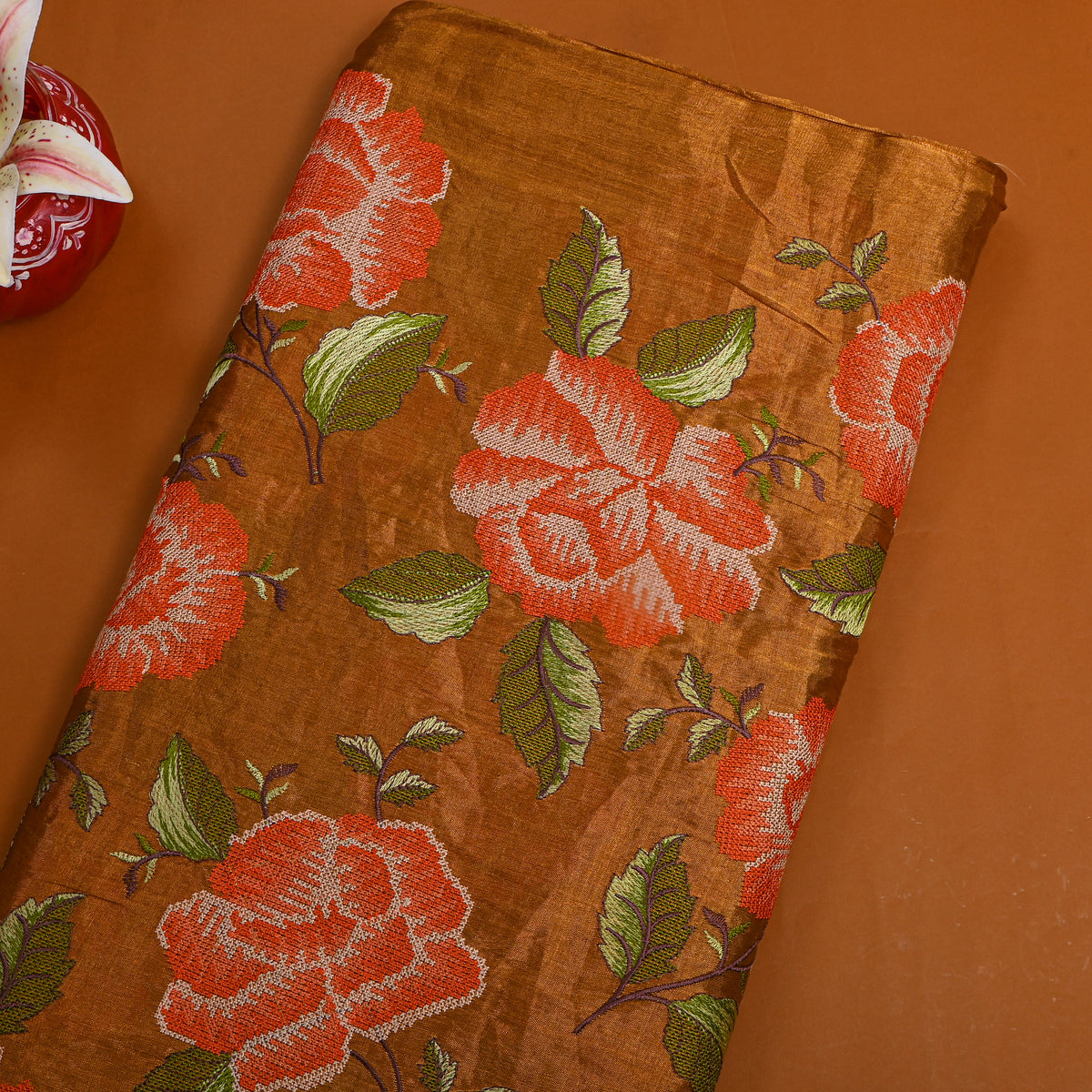 Rust Golden Orange Floral Thread Work Tissue Fabric