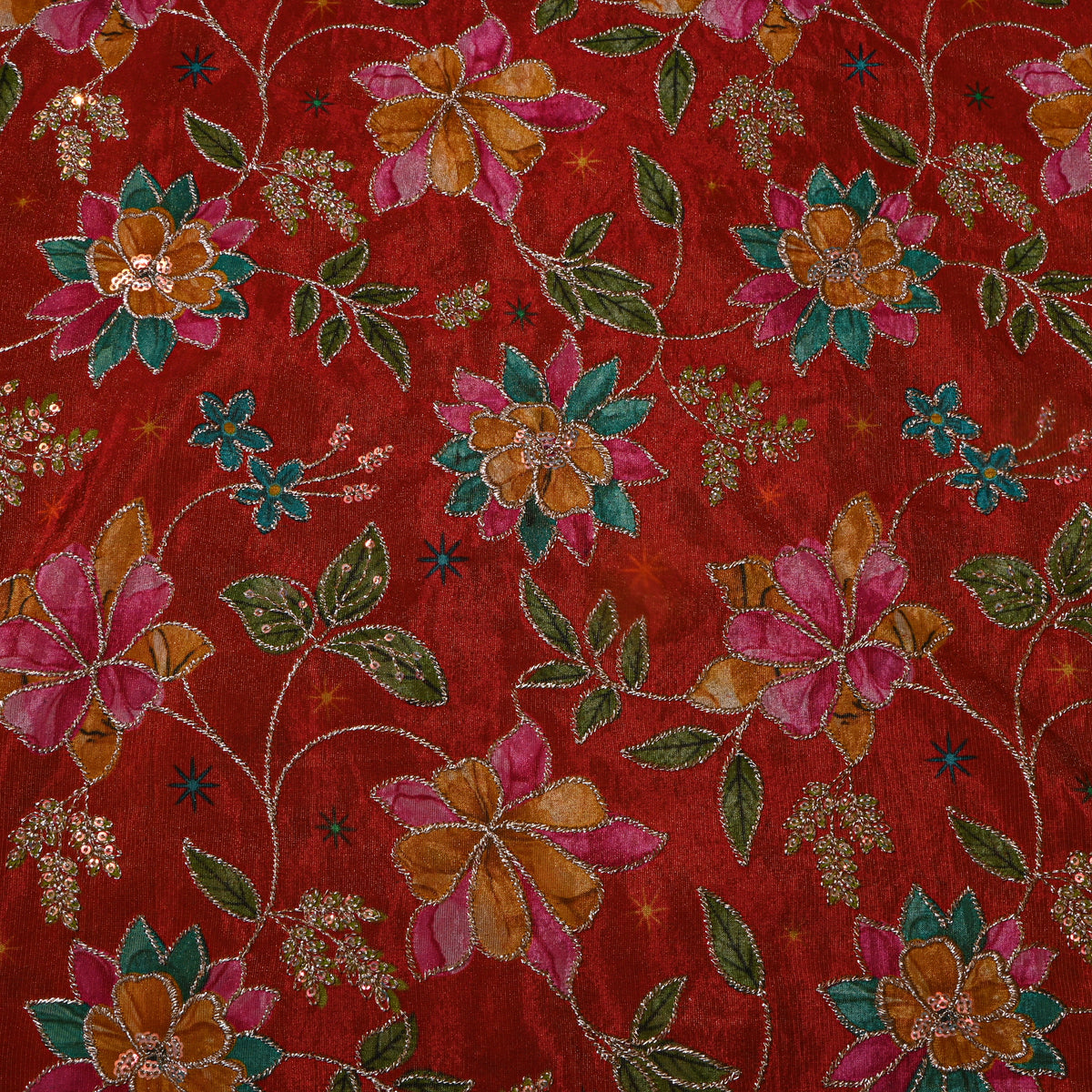 Cinnabar Red Gold Zari Floral Jaal Printed Embroidery Tissue Fabric