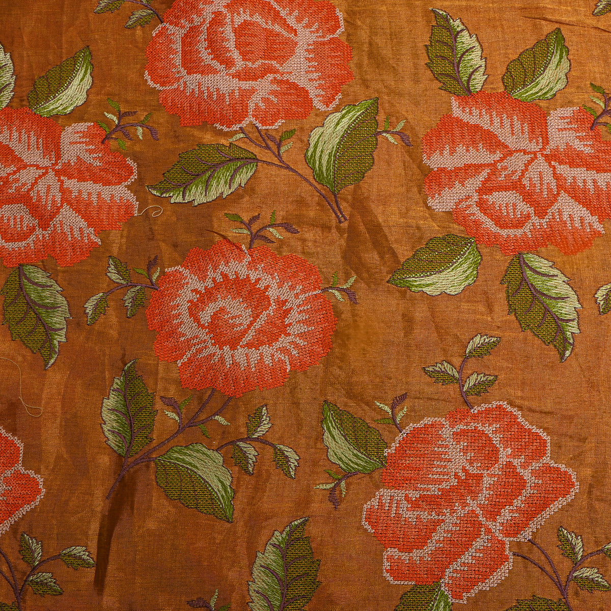 Rust Golden Orange Floral Thread Work Tissue Fabric