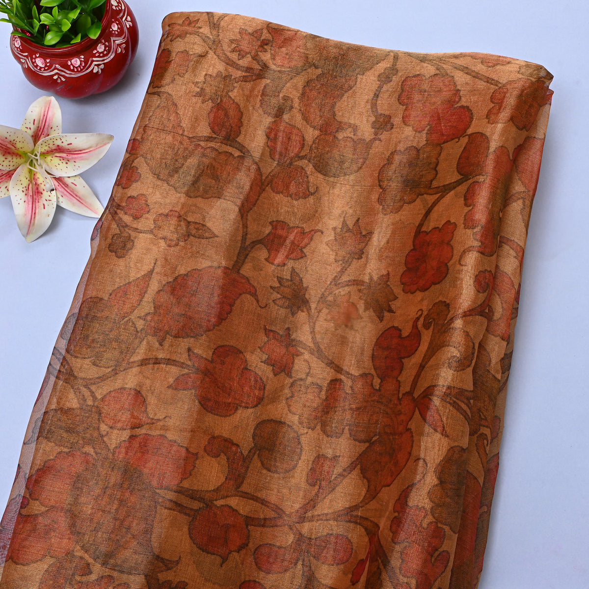Toffee Brown Floral Jaal Print Organza Tissue Fabric