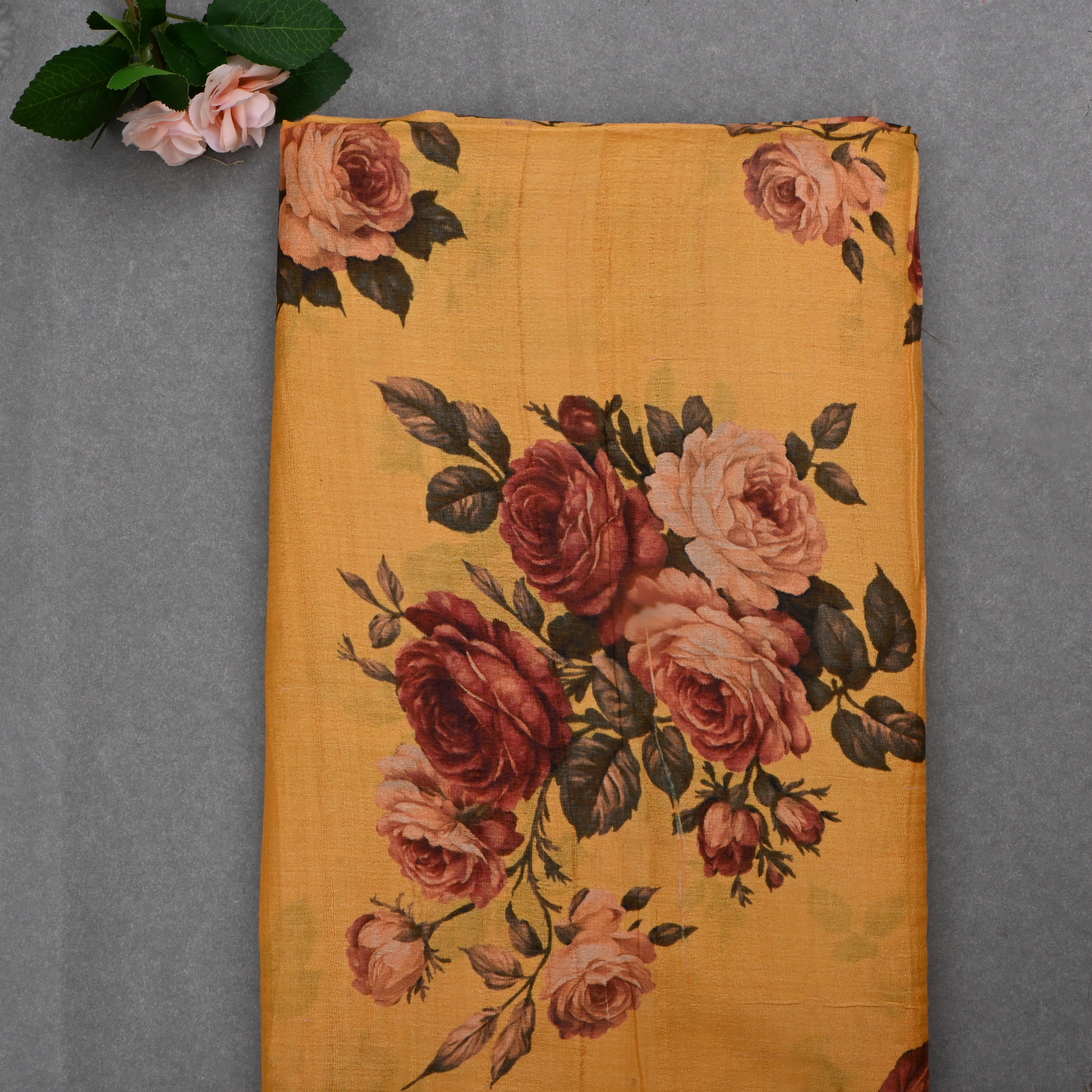 Tiger Orange Tussar Fabric With Floral Prints