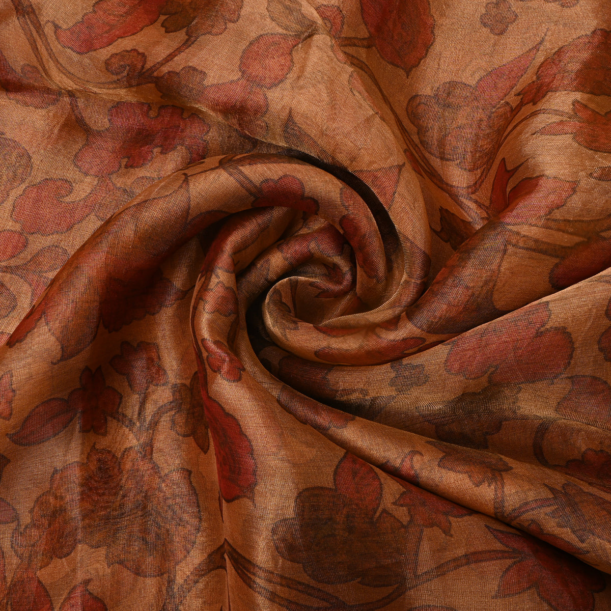 Toffee Brown Floral Jaal Print Organza Tissue Fabric