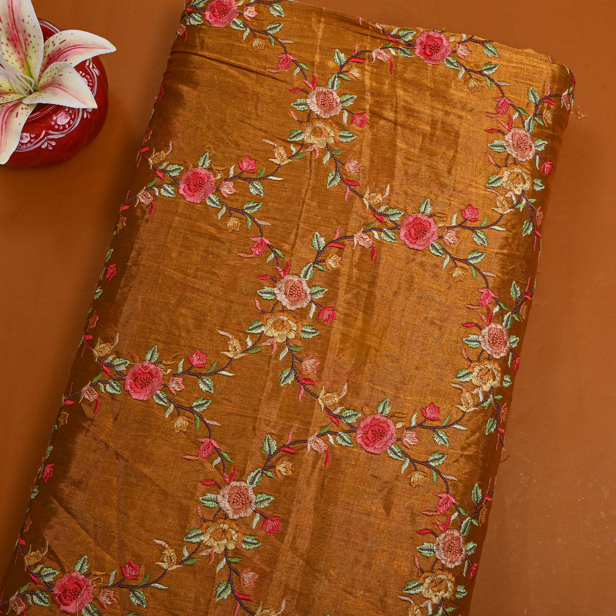 Rust Metallic Coral Floral Thread Work Tissue Fabric