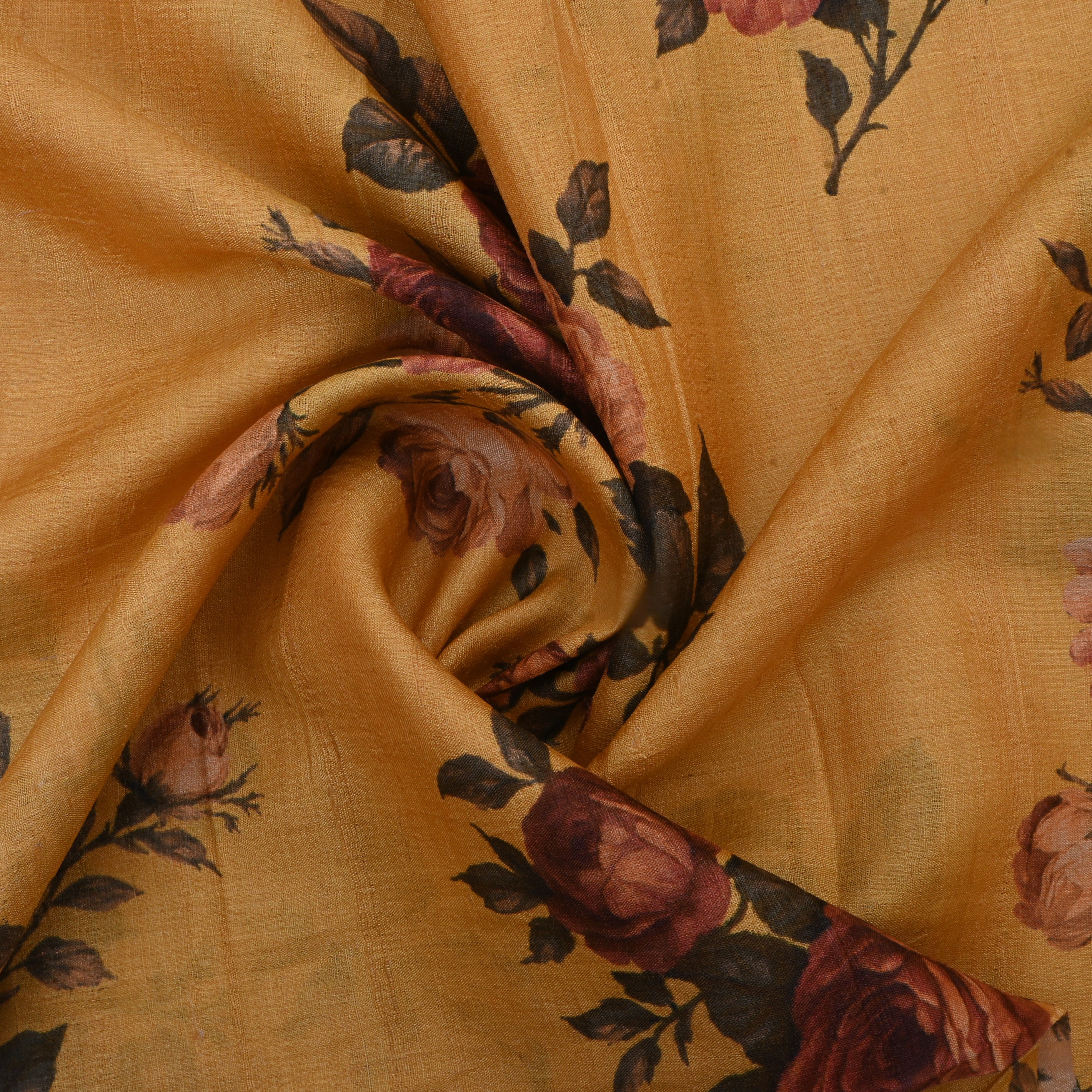 Tiger Orange Tussar Fabric With Floral Prints