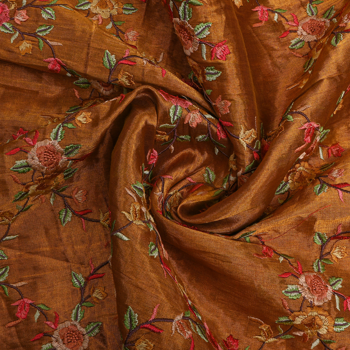 Rust Metallic Coral Floral Thread Work Tissue Fabric