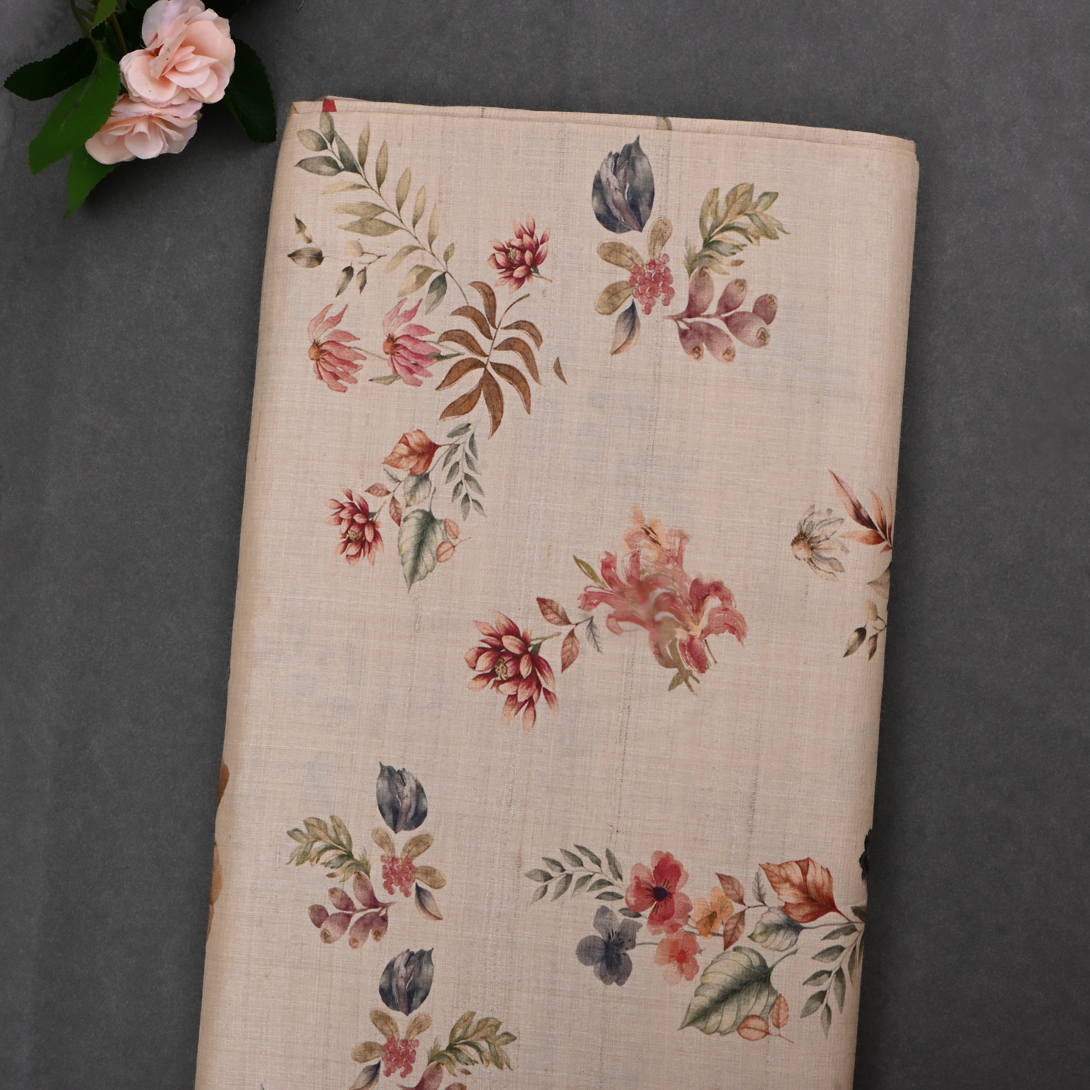 Almond Beige Tussar Fabric With Floral Prints