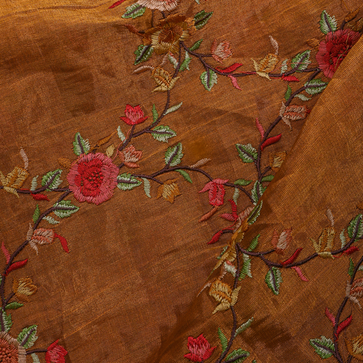 Rust Metallic Coral Floral Thread Work Tissue Fabric