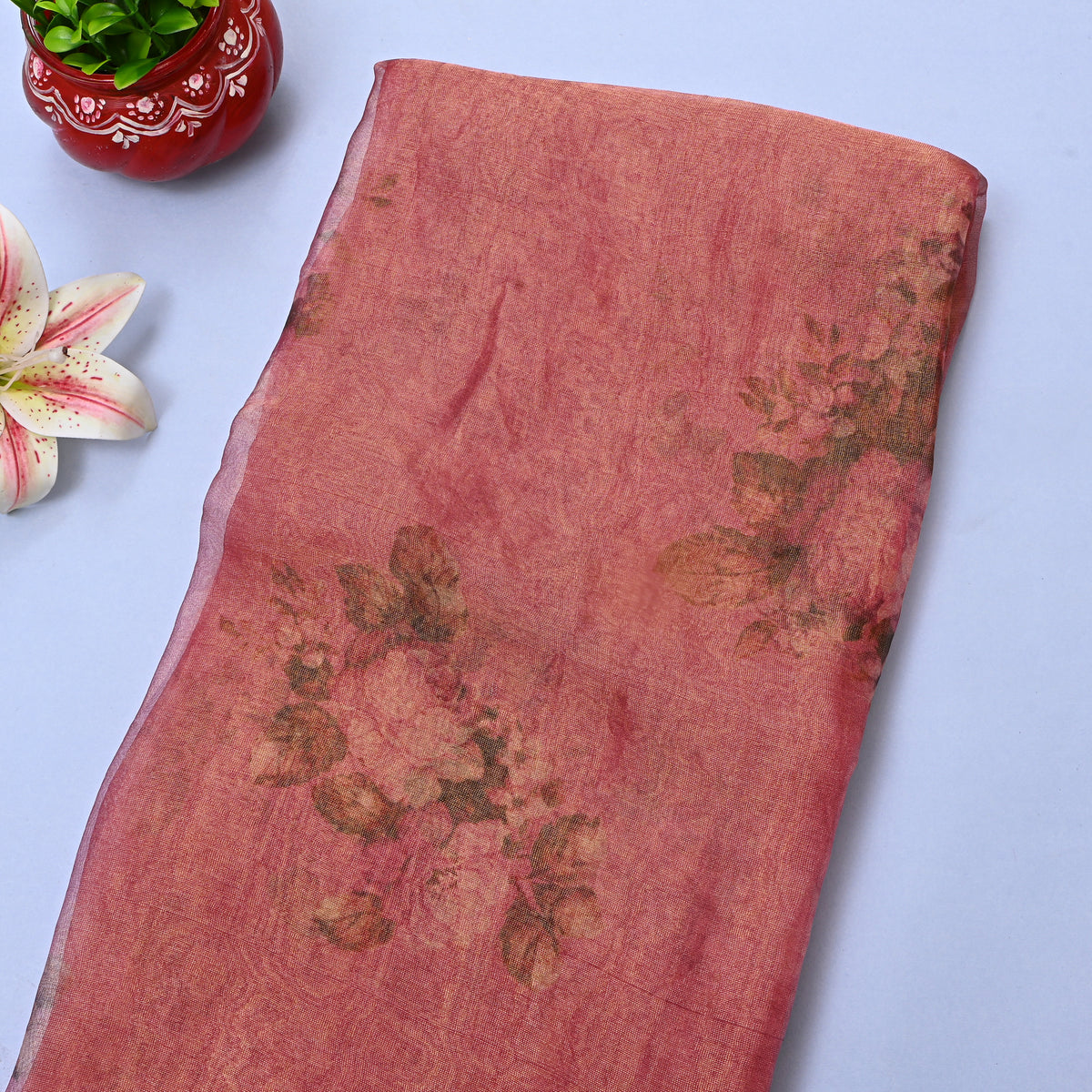 Fuchsia Pink Floral Print Organza Tissue Fabric