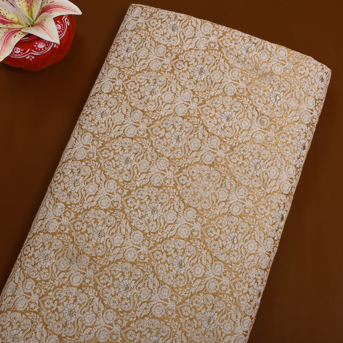 Gold Floral Jaal Thread Work Tissue Fabric