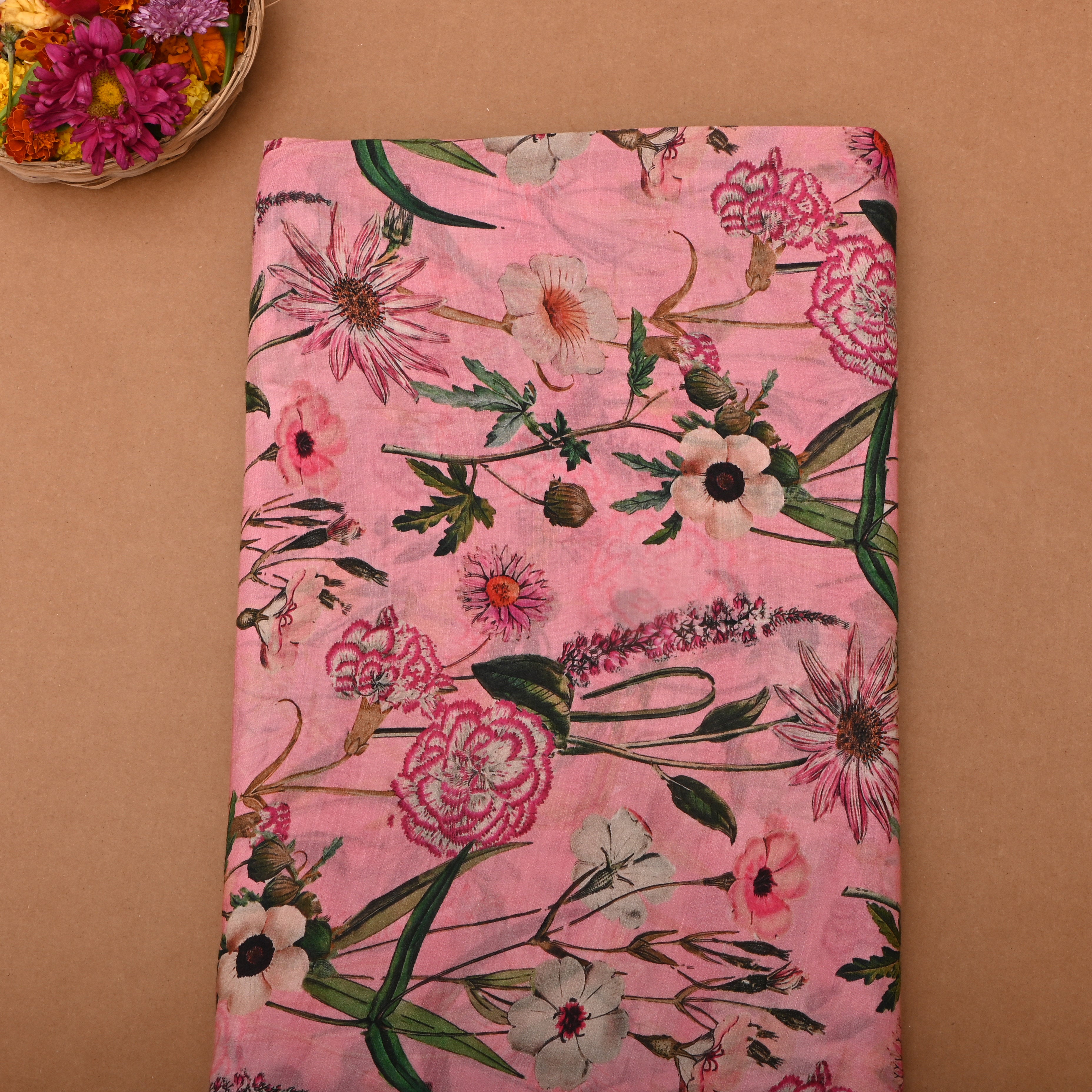 Soft Pink Silk Fabric With Floral Prints
