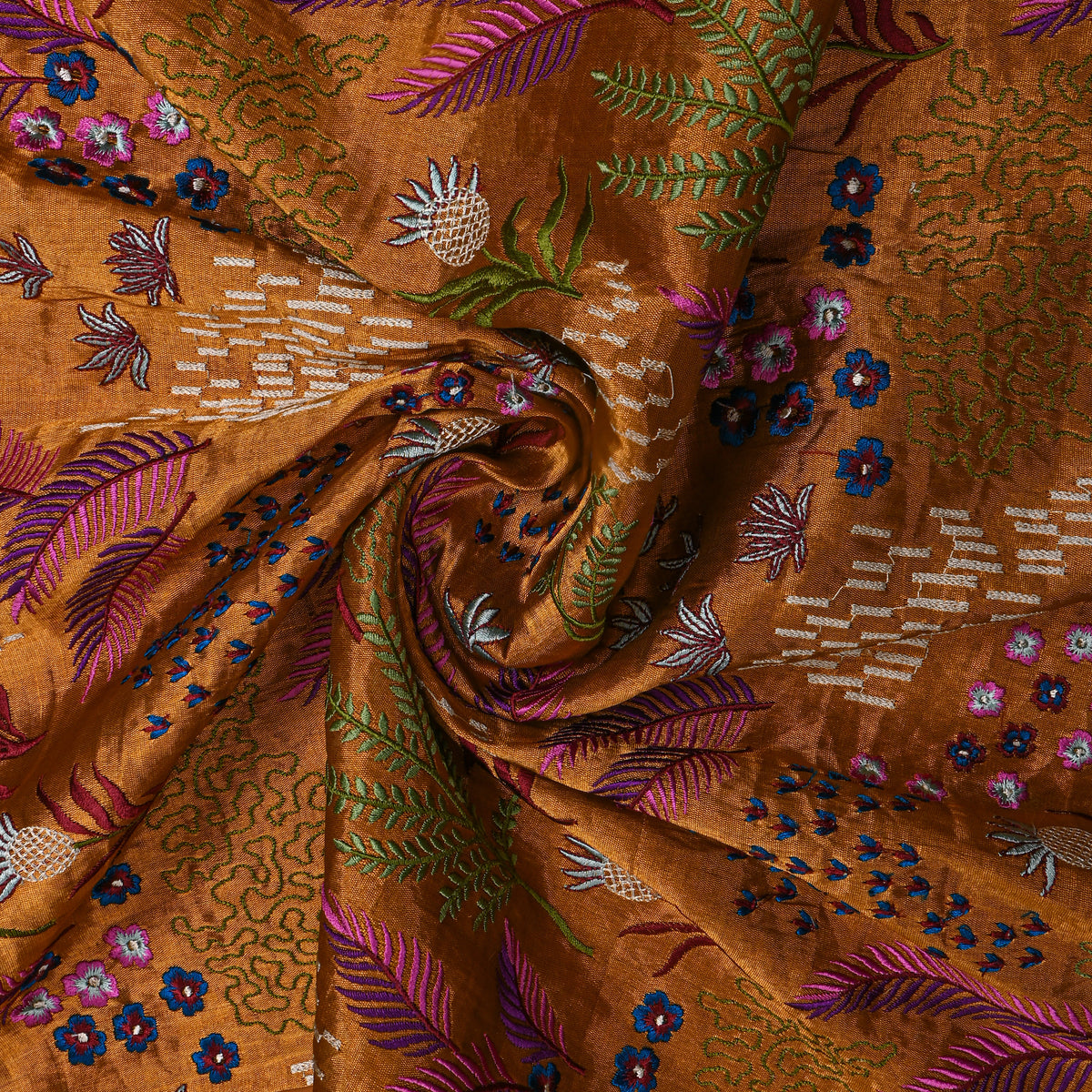 A Dark Rust Orange With Colourful Floral Thread Work Thissue Fabric