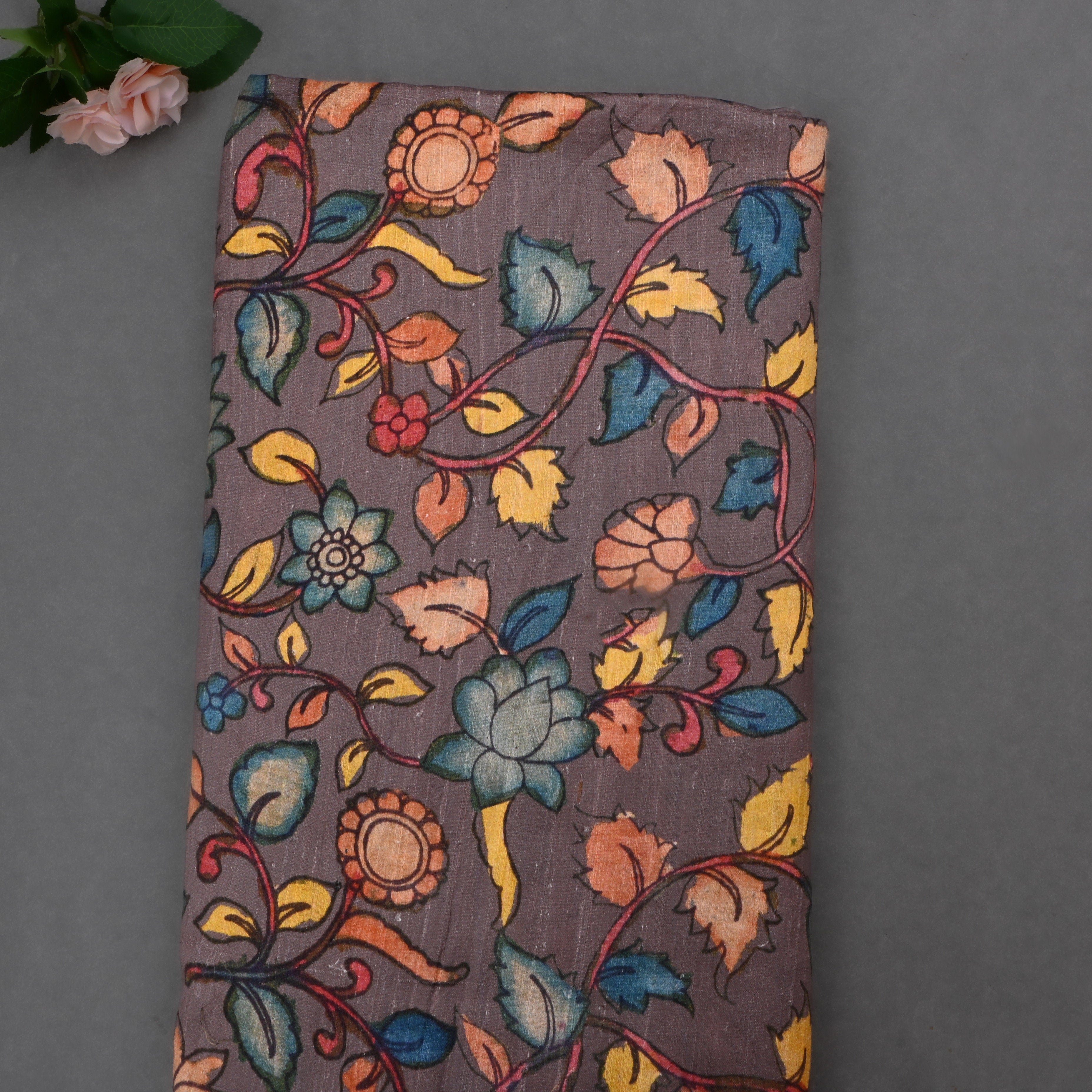 Smokey Gray Dupion Fabric With Kalamkari Print