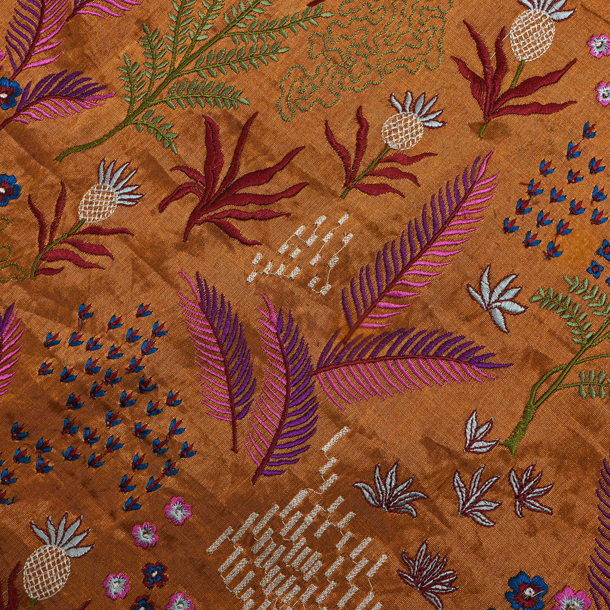 A Dark Rust Orange With Colourful Floral Thread Work Thissue Fabric