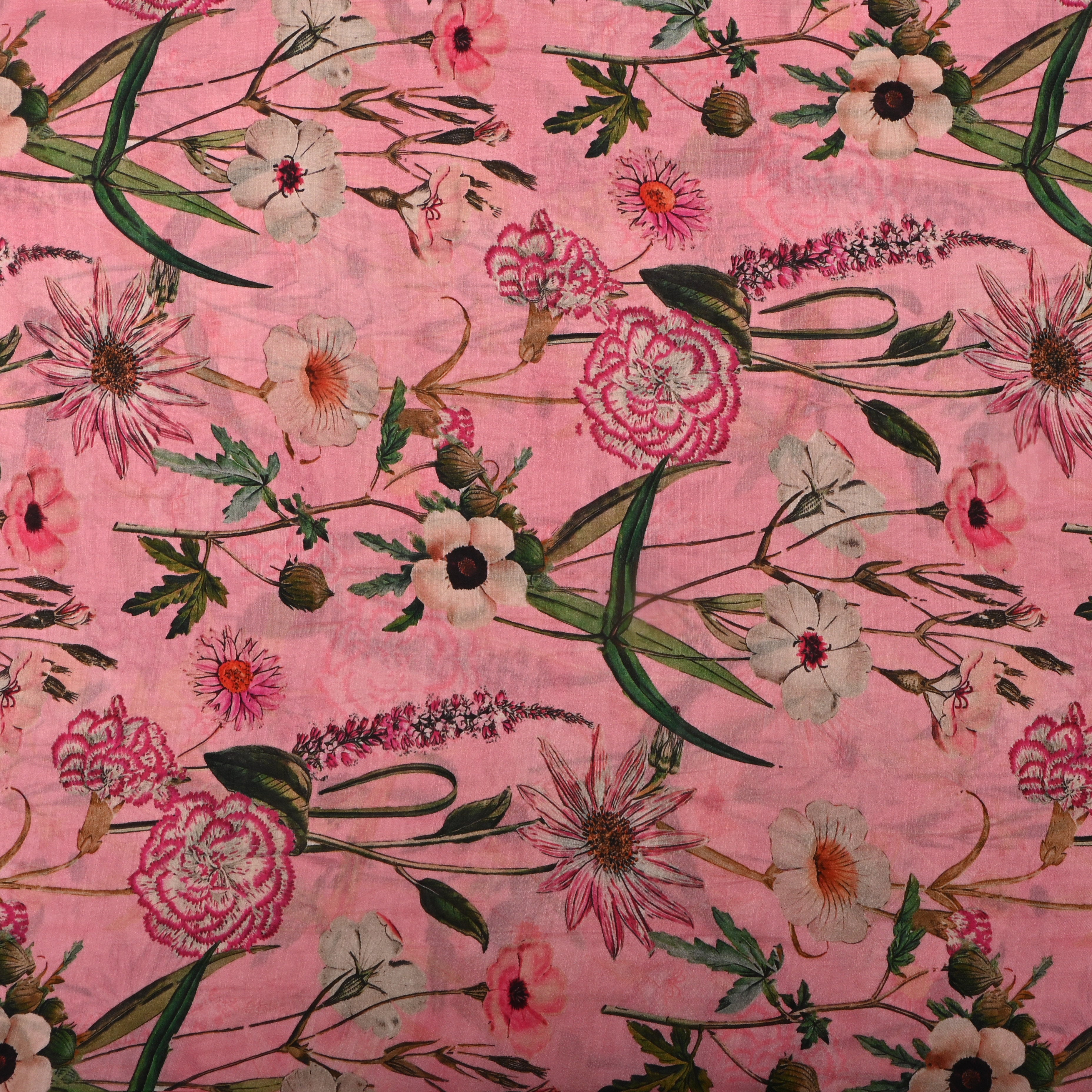 Soft Pink Silk Fabric With Floral Prints