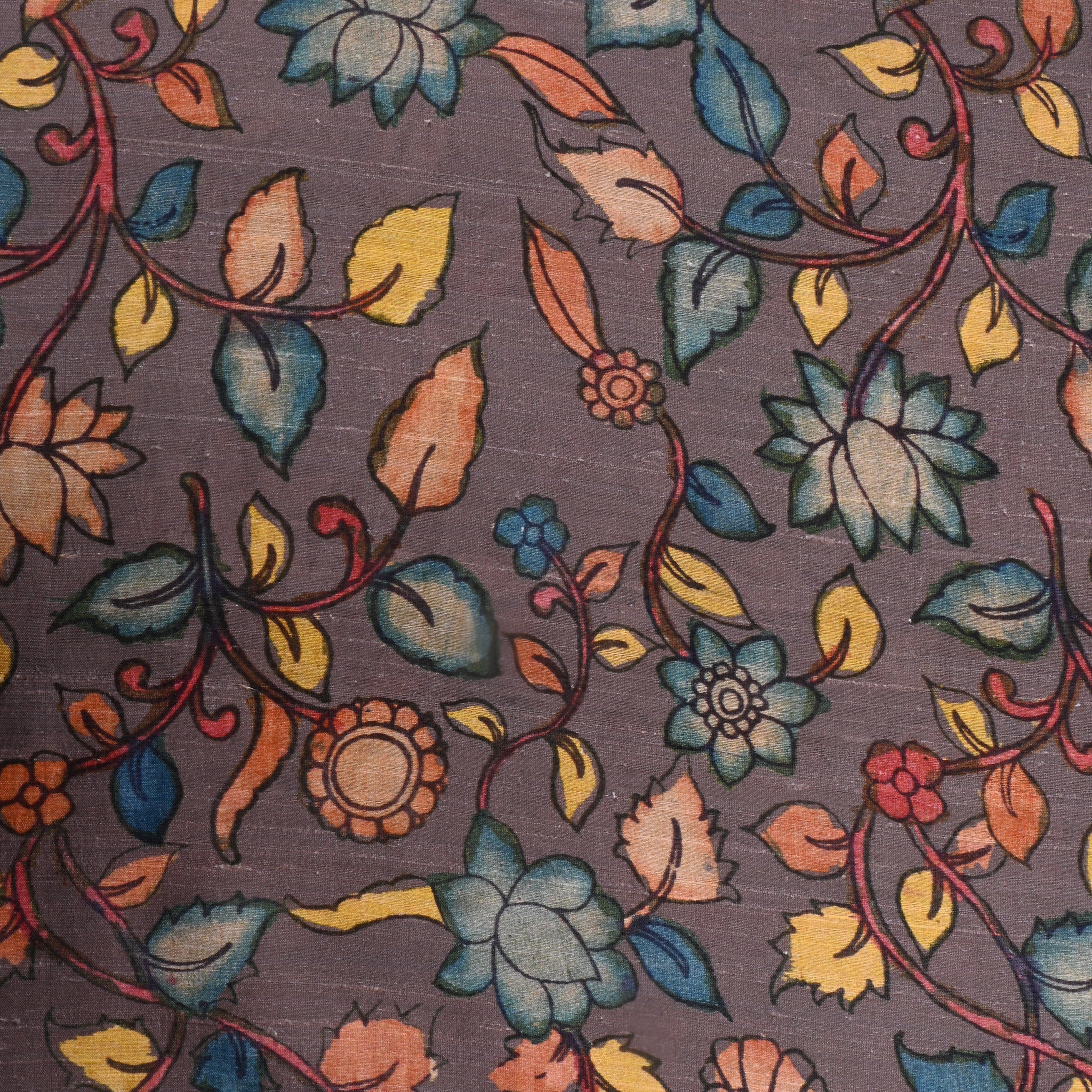 Smokey Gray Dupion Fabric With Kalamkari Print