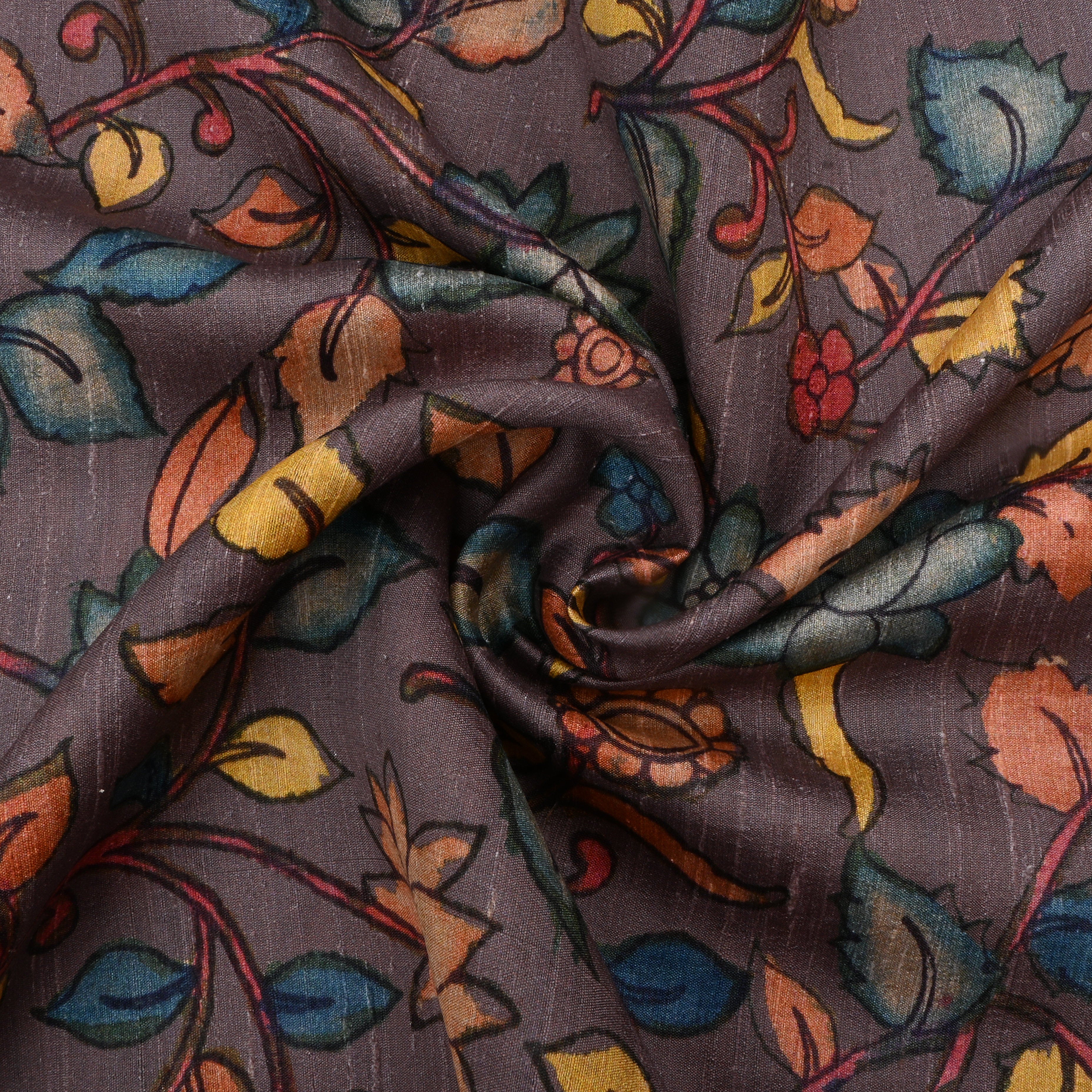 Smokey Gray Dupion Fabric With Kalamkari Print