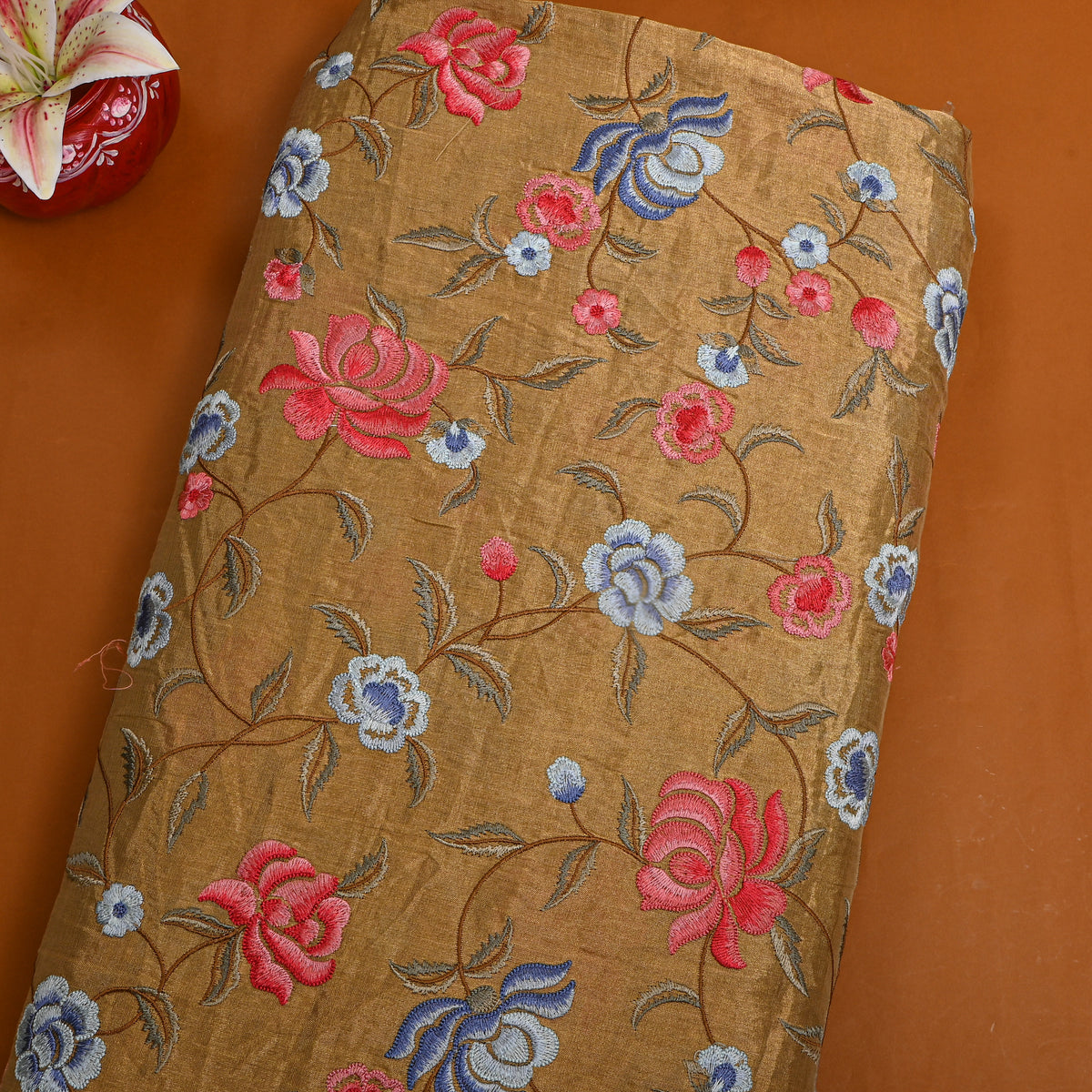 Beige Red Blue Floral Jaal Thread Work Tissue Fabric