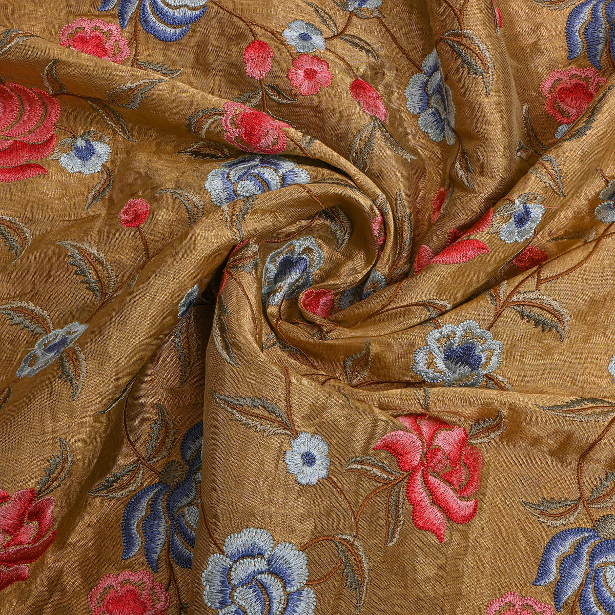Beige Red Blue Floral Jaal Thread Work Tissue Fabric